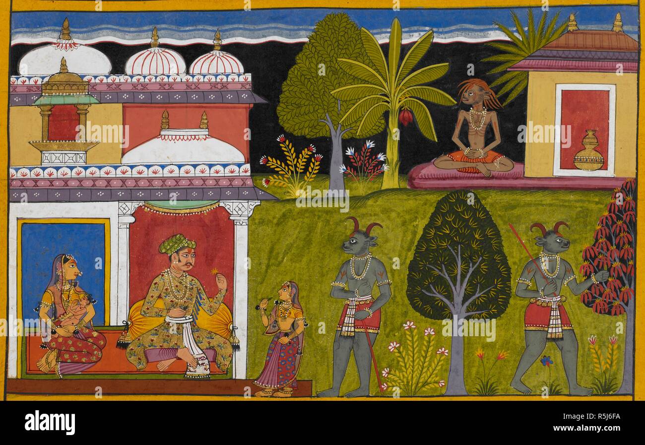 Die zwei Brüder prang'. Praheti praktizierte Askese und ist in asketischen Gewand sitzt neben einer Hütte im rechten Hintergrund des Bildes gezeigt. Heti ist rechts im Vordergrund auf der Suche nach einer Frau gezeigt wird, und dann mit seiner Frau, Bhaya, Schwester von Kala, die zeugte einen Sohn namens Vidyutkesha. Er ist dargestellt in einem Palast auf der linken Seite der Malerei mit seiner Frau, die ihren kleinen Sohn auf dem Schoß hält, sitzt. Ramayana. Udaipur, 1653. Quelle: Hinzufügen. 15297 (2), f) 9. Sprache: Sanskrit. Stockfoto