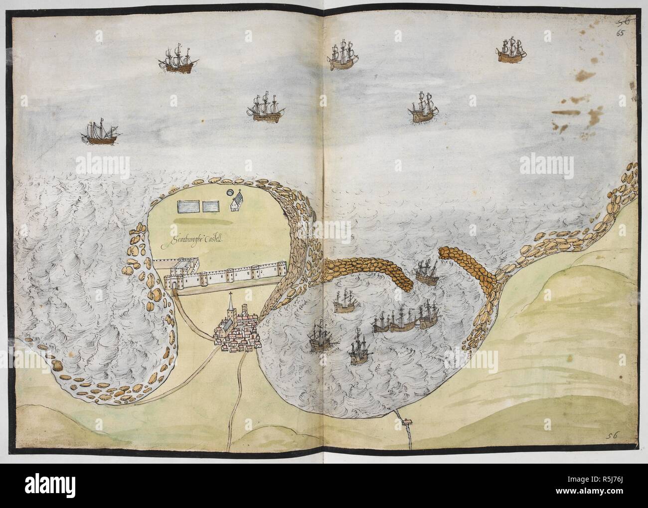 Farbigen Plan der Scarborough Castle, auf der Yorkshire Küste. . Lord Burghley Atlas. Karten der Grafschaften in England und Wales, bedruckt oder gefärbt; von Zeichnungen von Christopher Saxton. England [London], 1579. Quelle: Royal 18 D III F 65. Sprache: Englisch. Stockfoto