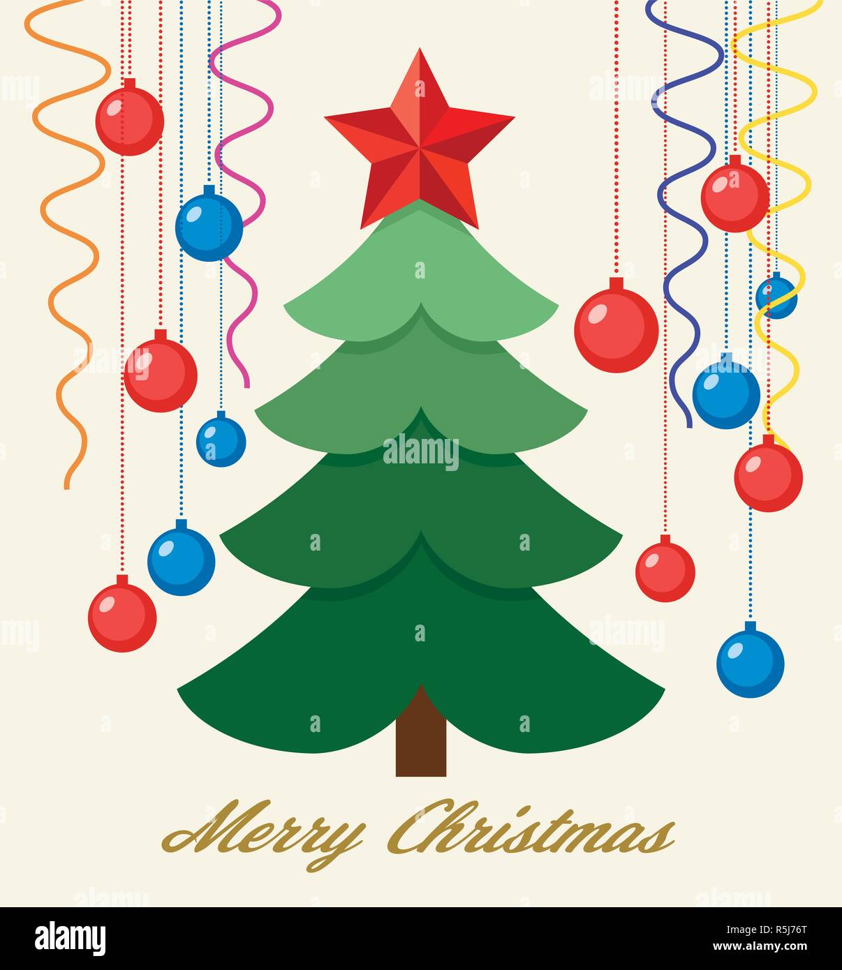 Vektor Weihnachten Hintergrund Fur Grusskarten Mit Gruner Baum Red Star Weihnachtskugeln Und Bander Frohe Weihnachten Text Ist Unten Stock Vektorgrafik Alamy