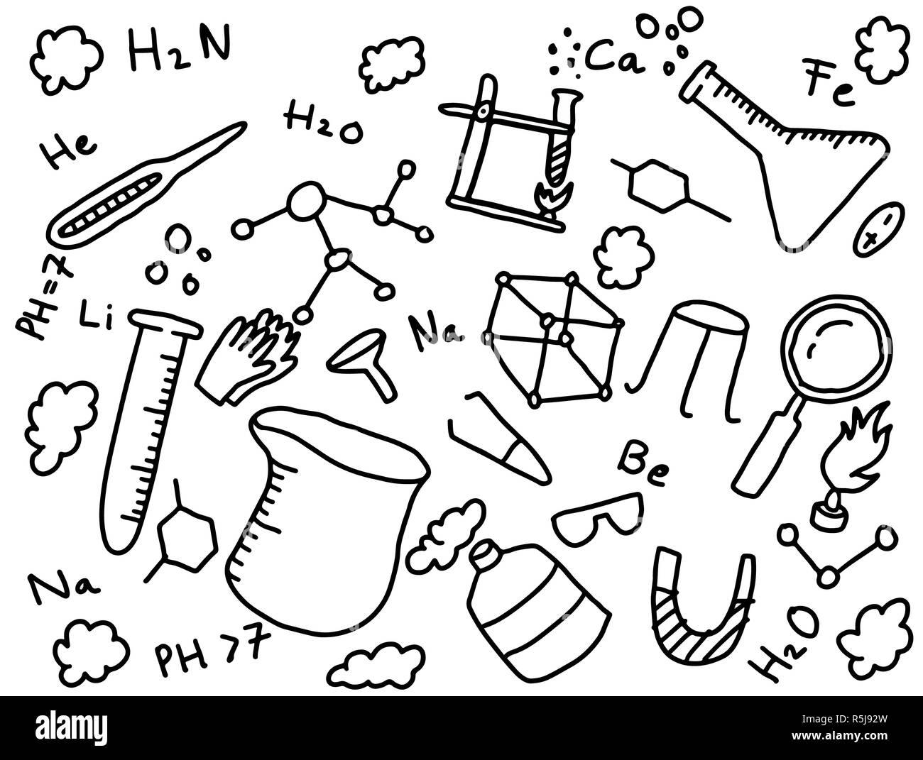 Chemie Chemiker doodle Bildung Kunst Stil mit Tools in der chemischen Sachen Stockfoto