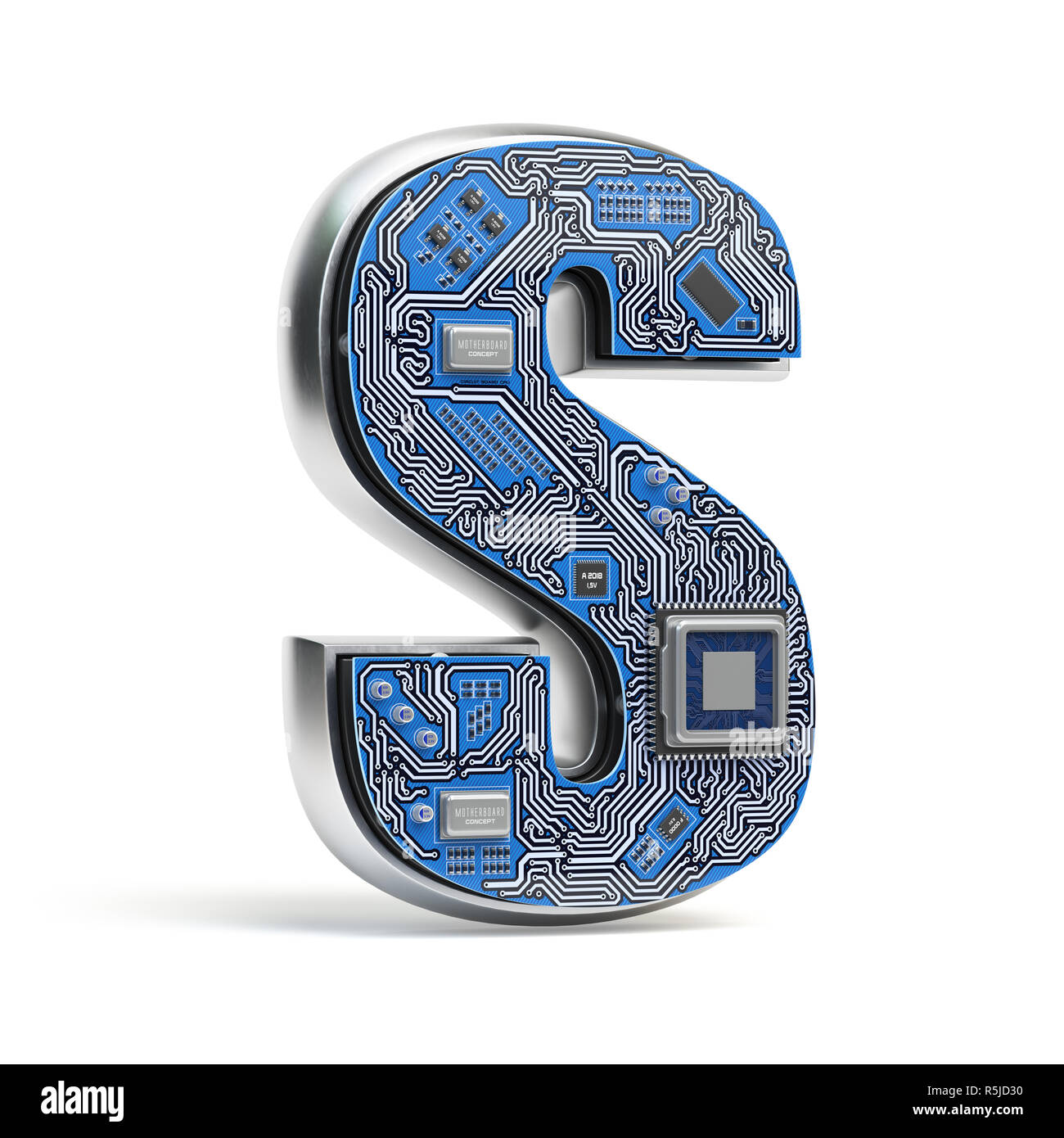 Schreiben S. Alphabet in Platine Stil. Digitale Hi-tech Brief isoliert auf Weiss. 3D-Darstellung Stockfoto