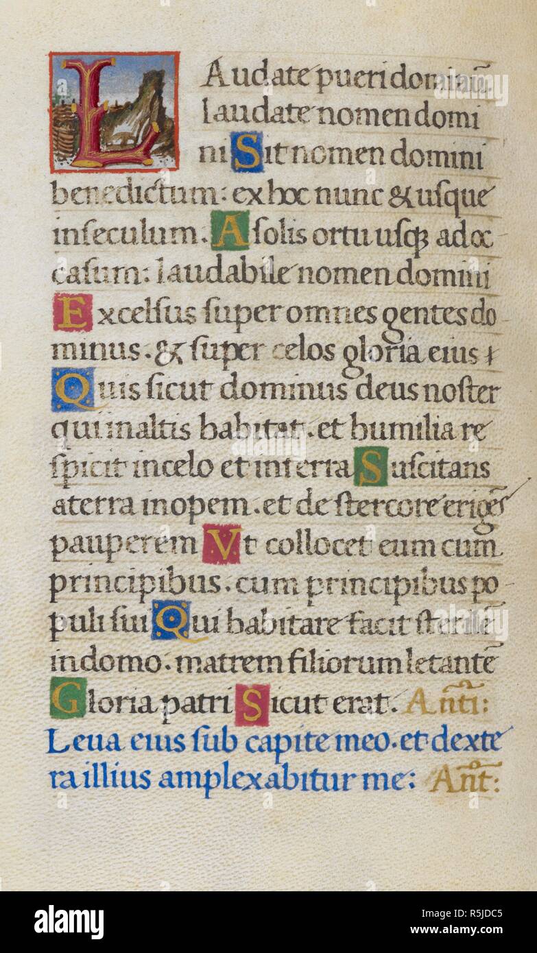 Text Seite mit ersten 'L'. Mirandola Stunden. Italien, ca. 1490-1499. [Ganze folio] Text Seite von den Stunden der Jungfrau. Psalm 112 mit ersten 'L', der Äste gegen einen malerischen Hintergrund Bild von Mirandola Stunden gebildet. Ursprünglich veröffentlicht in Italien produziert, ca. 1490-1499. Quelle: Hinzufügen. 50002, w.41 v. Sprache: Latein. Stockfoto