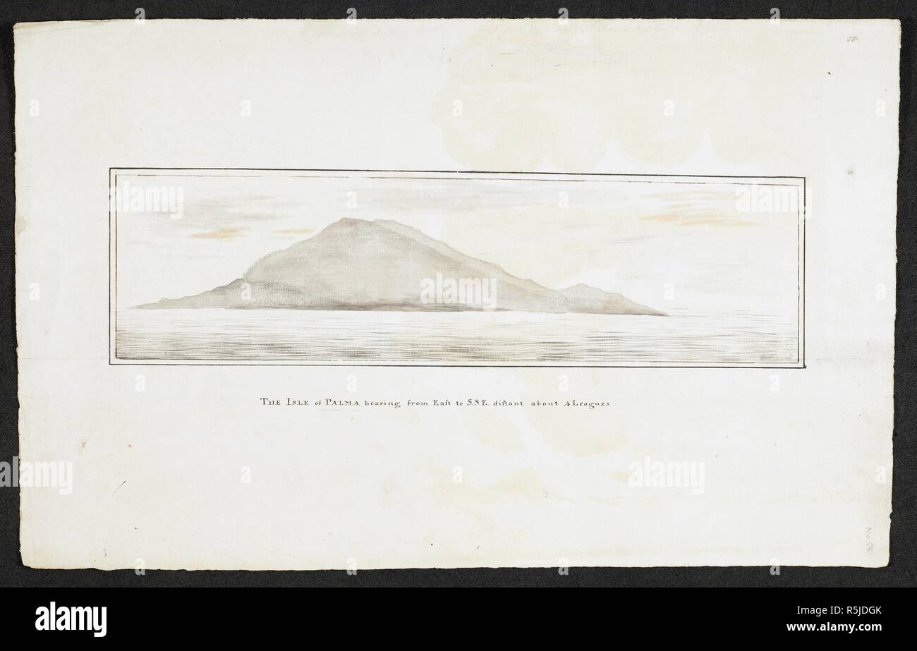 Die Insel Palma Lager von Osten nach S.S.E weit über 4 Ligen. 67 Diagramme und Karten mit den Reisen und Umfragen von Kapitän James Cook, R.N., und andere Entdecker; Circ. 1760 - 1780. c 1760-1780. Quelle: Hinzufügen. 31360, Nr. 58. Stockfoto