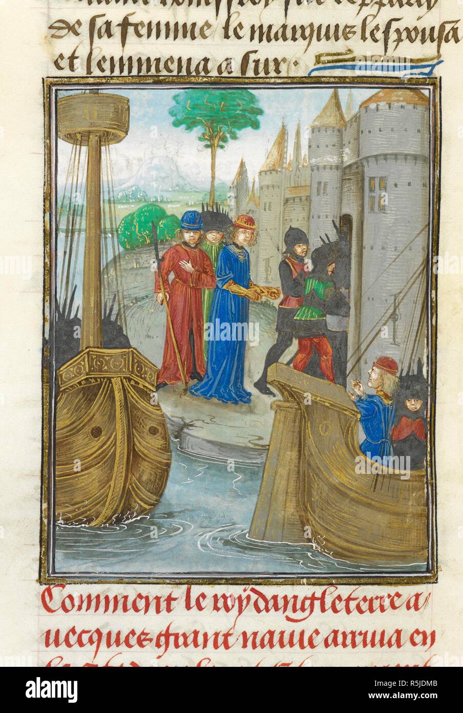 Die Landung von Richard ich in Sizilien. . Historia rerum gestarum in partibus transmarinis, auf Französisch, mit Fortsetzung bis 1231. Übersetzung ins Französische, und Fortsetzung bis 1231, der Lateinischen Geschichte der Kreuzzüge von Guillelmus (William), Erzbischof von Reifen (1174-1190?). Der französische Text von William ist Gedruckt von Paulin Paris (Guillaume de Tyr, Paris, 1879). Niederlande, S. (Brügge), C. 1479 - C. 1480. Quelle: Royal 15 E.I, f 450 v. Sprache: Französisch. Stockfoto