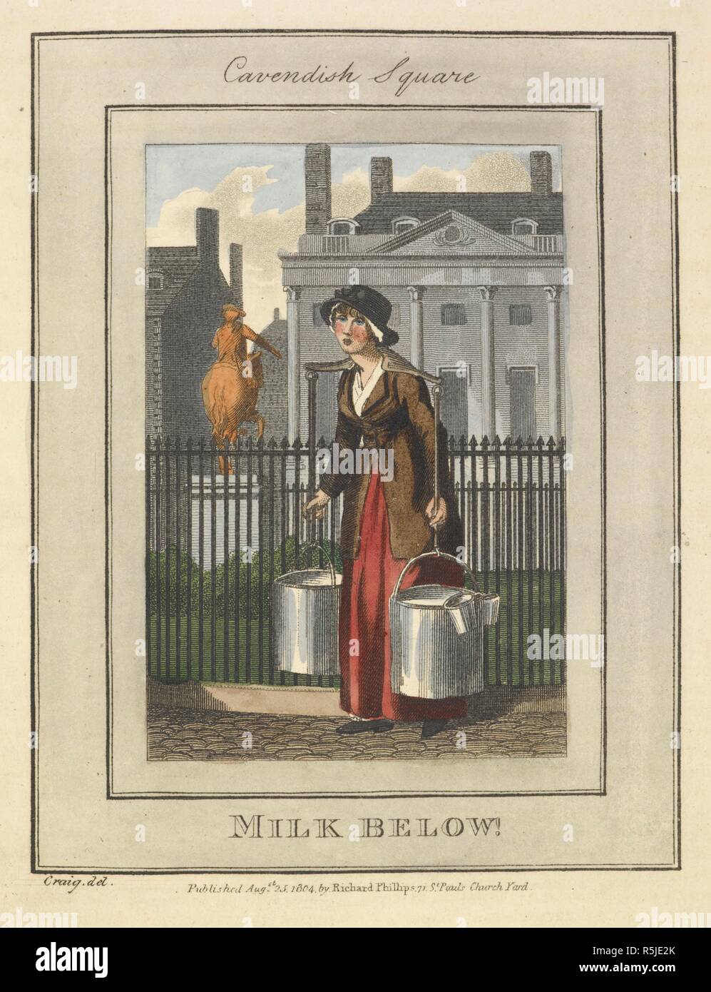 Milch unten. Cavendish Square. Moderne London; wird die Geschichte und Gegenwart Zustand der britischen Metropole. Illustriert mit zahlreichen Kupferplatten. [Von Richard Phillips.]. London: Richard Phillips, 1804. Quelle: 10349.h.13 Platte 20. Stockfoto