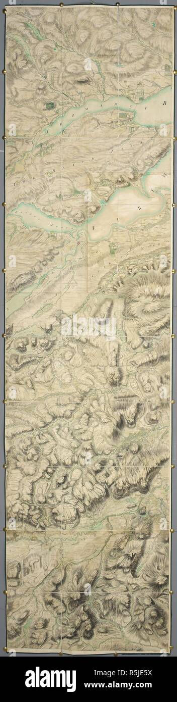 Karte von post Jacobean Schottland im Jahr 1755, 10 Jahre nach der Schlacht von Culloden. Das land von Culloden und Inverness. Eine sehr große und sehr fertig gefärbten militärische Erhebung des Königreichs Schottland, exklusive der Inseln, im Auftrag von William Augustus, Herzog von Cumberland, ausgeführt von Generalmajor Lieutenant [danach] William Roy, und andere Offiziere, die unter der Oberaufsicht von lieut.-Col. David Watson, Stellvertretender Quarter-Master der Kräfte, die in den Jahren 1747-1755 auf einer Skala von ungefähr zwei Zoll zu einer Meile gezogen: Es ist unterteilt in 38 Fächer, die ich enthalten sind. Stockfoto