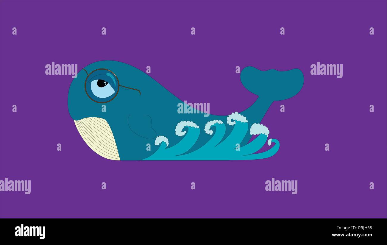 Blauwal Surfen in den Wellen des Ozeans. Einfache und dennoch überzeugende. Klares Projekt in übersichtlichen Gruppen und Schichten unterteilt. Stock Vektor