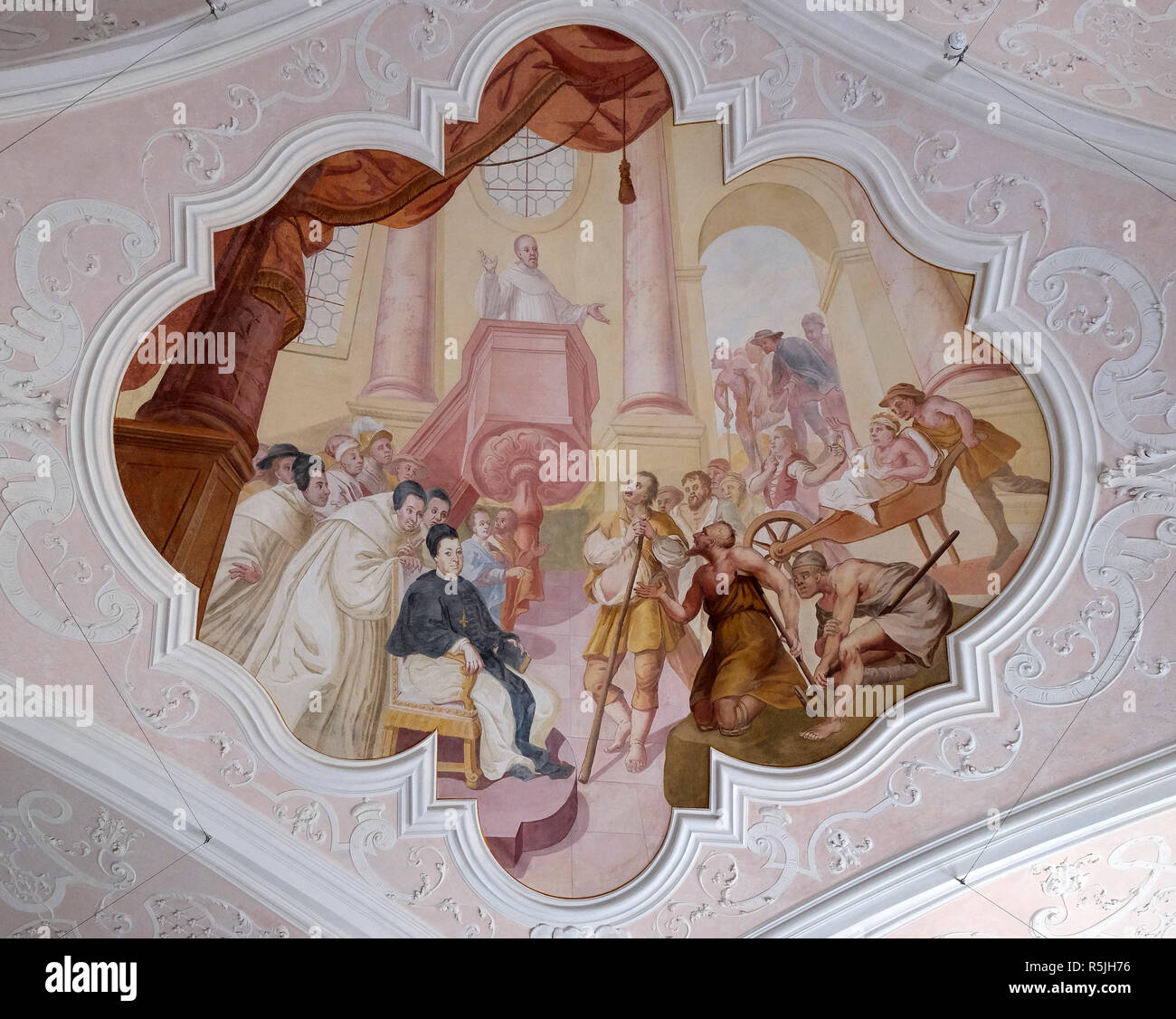 Deckenfresken mit Szenen aus dem Leben des Hl. Bernhard von Clairvaux von Johann Adam Remele in Bernard Hall, Zisterzienser Abtei von Bronbach in Reicholz Stockfoto