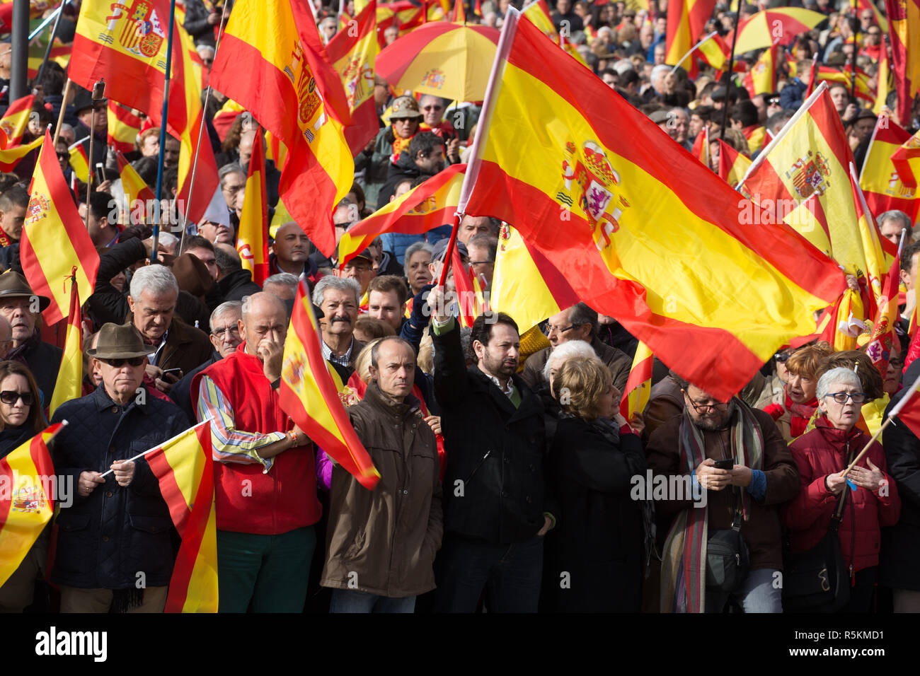 Die Demonstranten werden gesehen Holding spanische Flaggen während des Protestes. Tausende von Menschen mit zahlreichen Fahnen Spanien beteiligen sich an der Demonstration in Madrid von Denaes und die Spanien Viva Stiftung zur Verteidigung der Institutionen, die Einheit Spaniens und gegen die Straflosigkeit der coup Plotters. Stockfoto