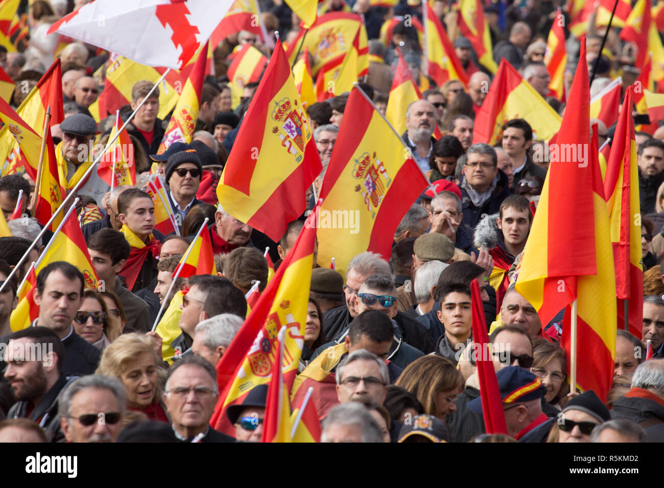 Die Demonstranten werden gesehen Holding spanische Flaggen während des Protestes. Tausende von Menschen mit zahlreichen Fahnen Spanien beteiligen sich an der Demonstration in Madrid von Denaes und die Spanien Viva Stiftung zur Verteidigung der Institutionen, die Einheit Spaniens und gegen die Straflosigkeit der coup Plotters. Stockfoto