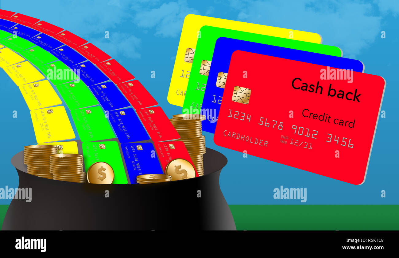 Getting Cash Back Kreditkarte Einkäufe ist wie der Suche nach dem Topf voll Gold am Ende des Regenbogens. Dies ist eine Abbildung über dieses Thema. Stockfoto