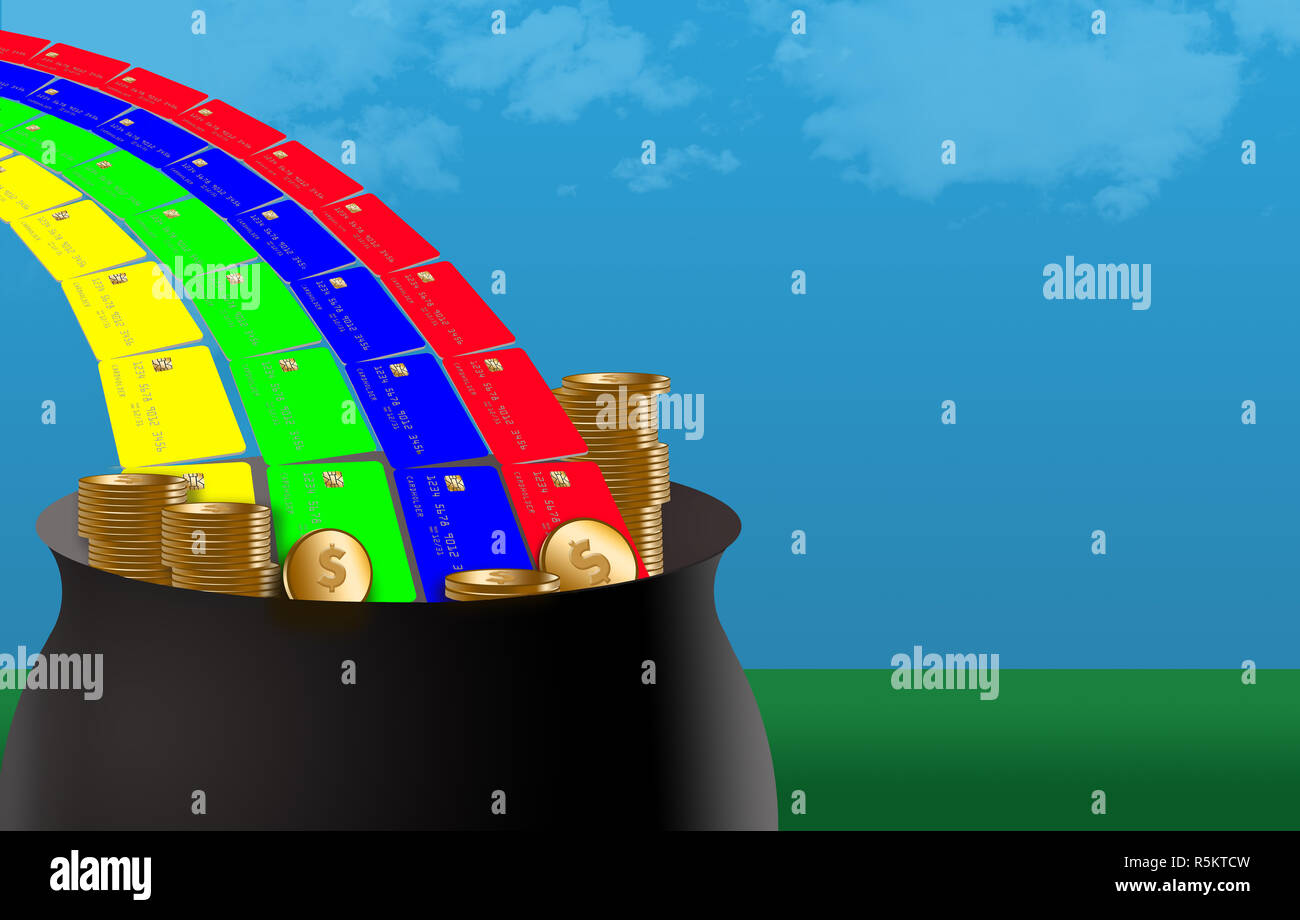 Getting Cash Back Kreditkarte Einkäufe ist wie der Suche nach dem Topf voll Gold am Ende des Regenbogens. Dies ist eine Abbildung über dieses Thema. Stockfoto