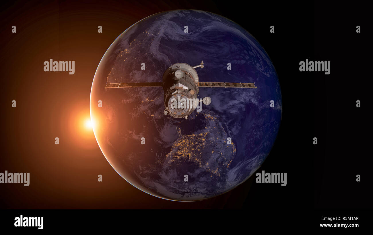 Raumfahrzeuge Fortschritte, die um die Erde kreisen. Stockfoto