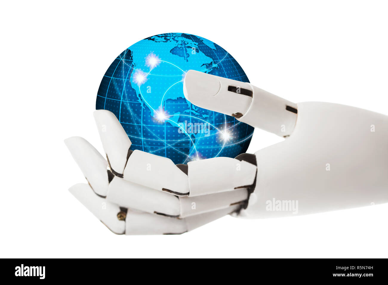Robotic Hand Blue Globe Stockfoto