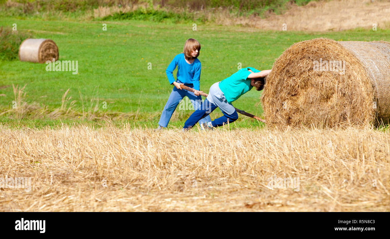 Zwei jungen, die Ballen Heu mit Stick als Hebel bewegen Stockfoto