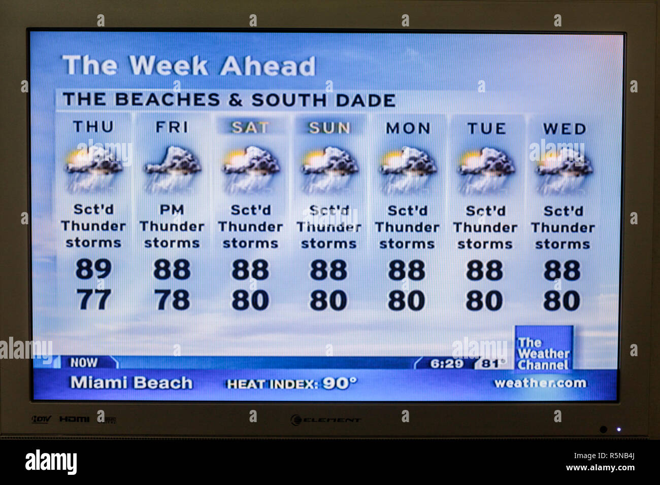 Miami Beach Florida, Flachbildfernseher, Fernseher, Set, Screenshot, Medien, Wetterkanal, Kabel, Temperatur, Hitzeindex, Gewitter, heiß, Besucher reisen Stockfoto
