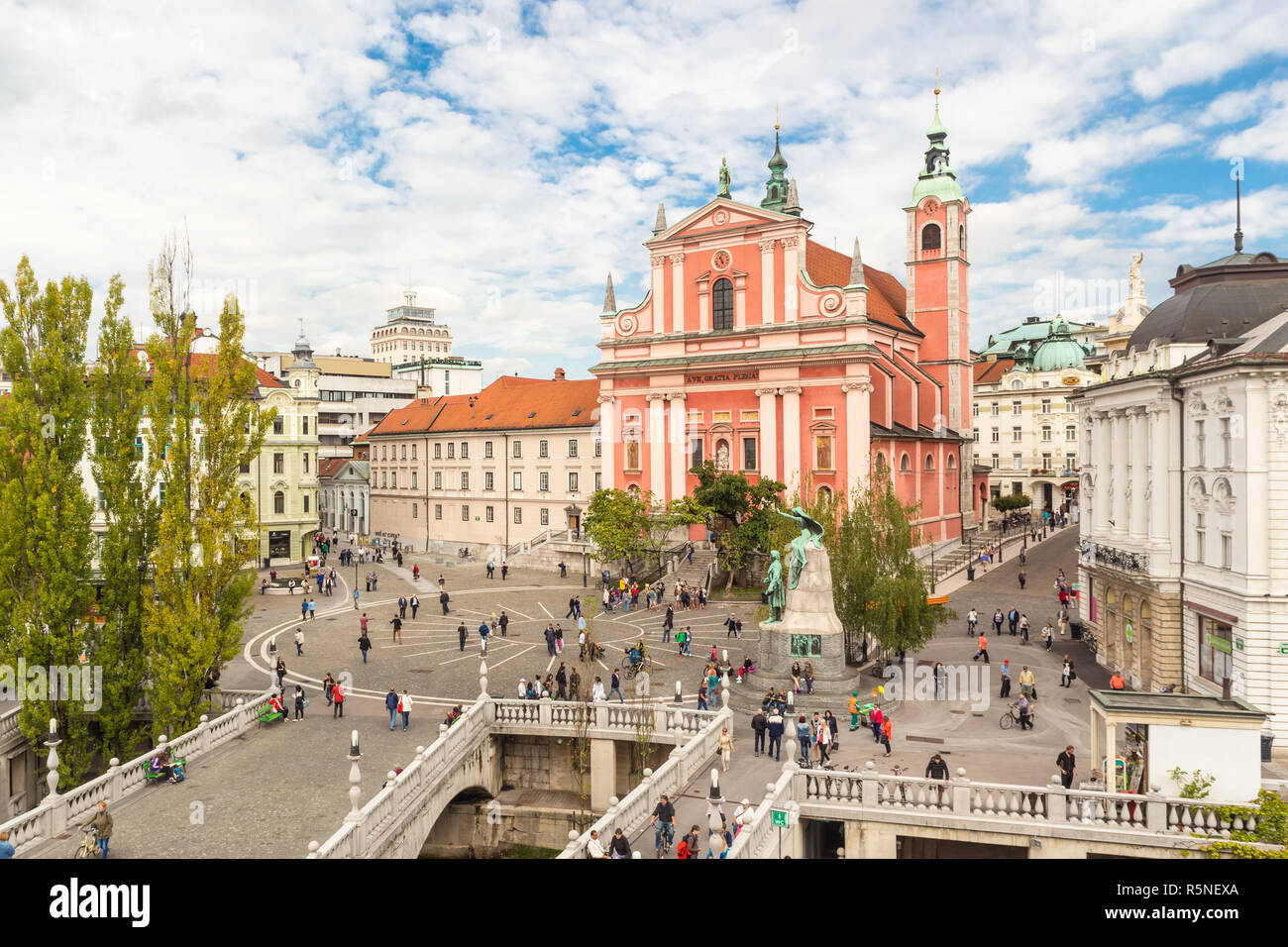 Preseren Quadrat und Franziskanerkirche der Verkündigung, Ljubljana, Slowenien, Europa. Stockfoto