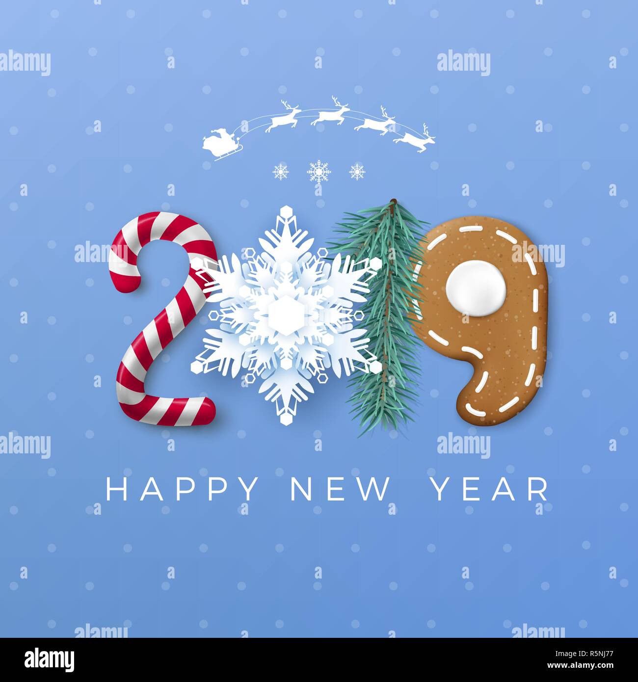 Frohes Neues Jahr 2019 Grußkarte. Kreative festliche Schriftzug. Candy und Papier Schneeflocke Kiefer und Lebkuchen Cookie. Vector Illustration isoliert auf Stock Vektor