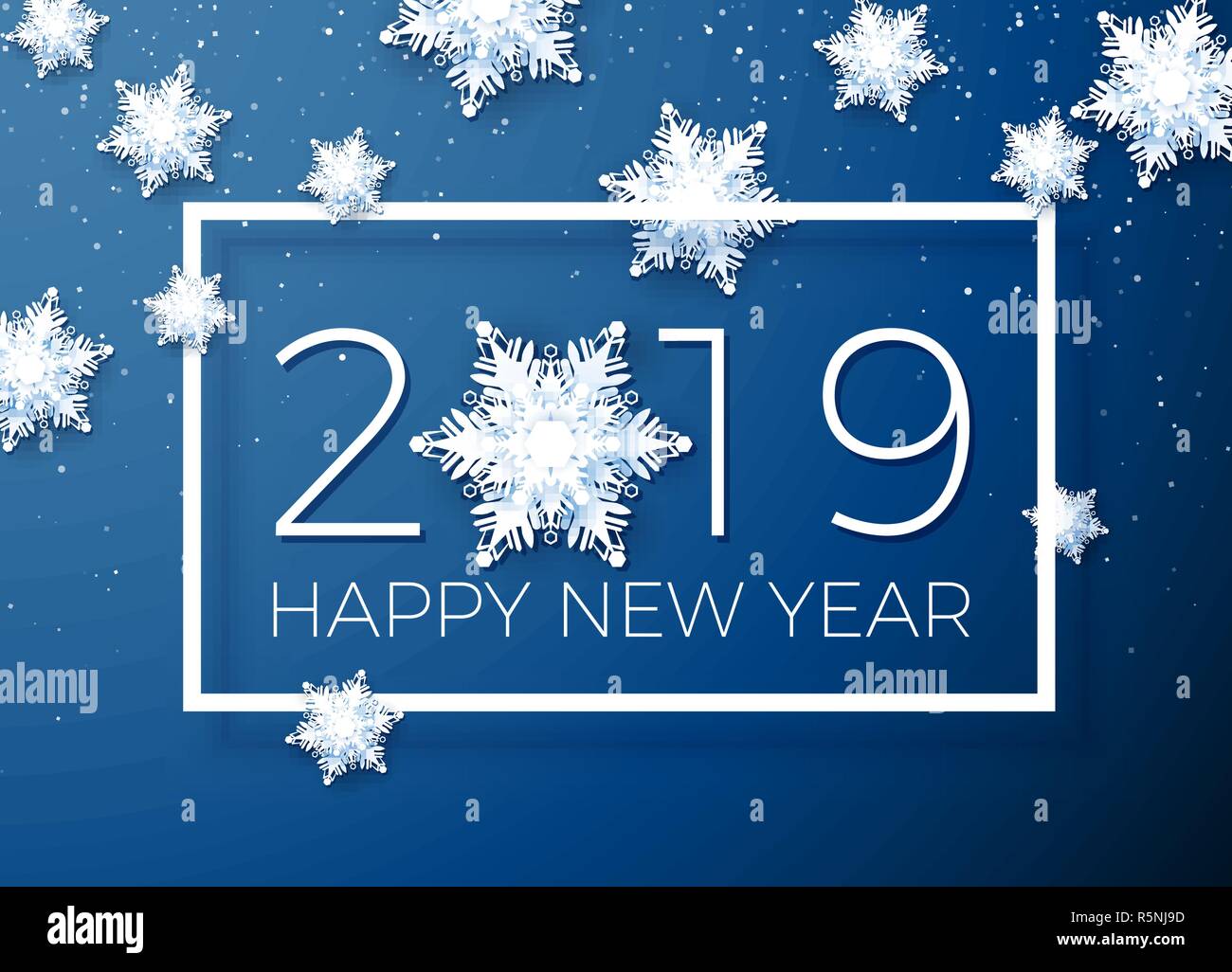 Wunschkarte Frohes Neues Jahr 2019. Papier Schneeflocken auf Hintergrund der Text in einem weißen Rahmen. Vector Illustration Stock Vektor
