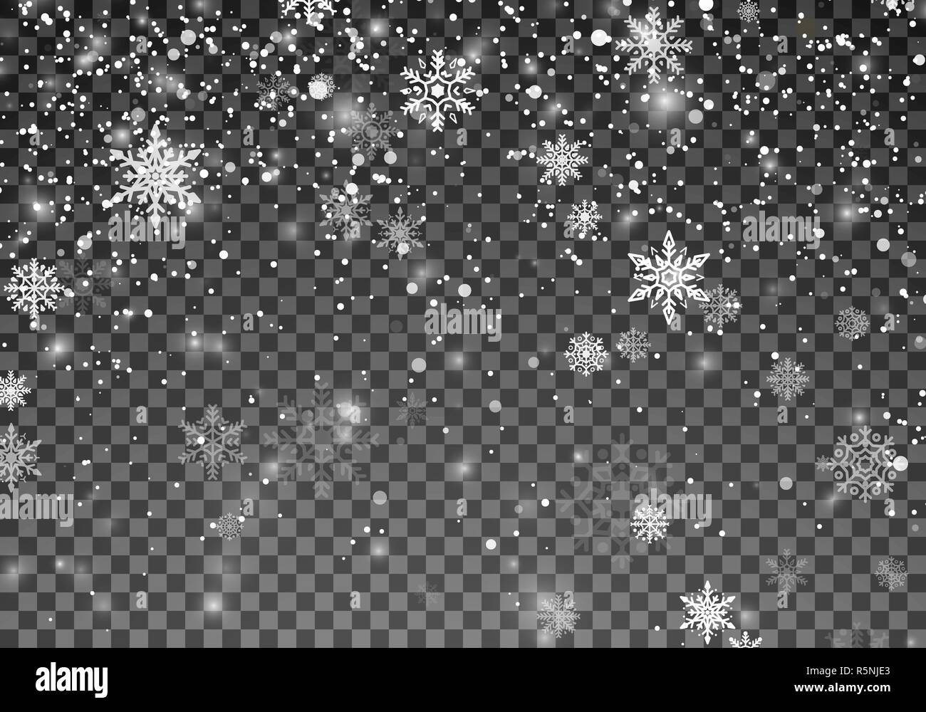 Schneefall Vorlage. Weihnachten Schnee. Fallende Schneeflocken auf transparenten Hintergrund. Weihnachten Urlaub Hintergrund. Vector Illustration Stock Vektor