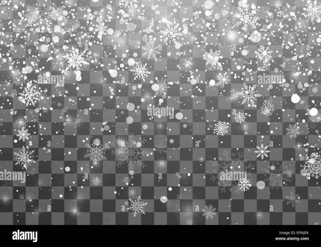Weihnachten Schneefall Vorlage. Fallende Schneeflocken auf transparenten Hintergrund. Weihnachten Urlaub Hintergrund. Vector Illustration Stock Vektor