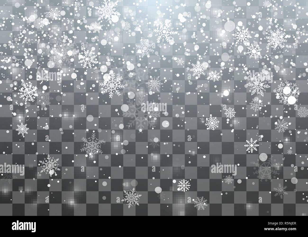 Magic Christmas Schneefall Vorlage. Fallende Schneeflocken auf transparenten Hintergrund. Abstrakte magische Weihnachten Urlaub Hintergrund. Vector Illustration Stock Vektor