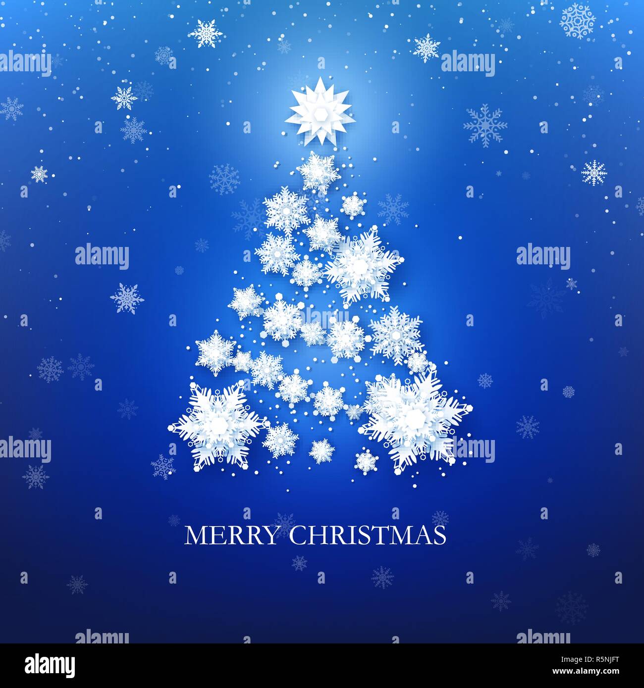 Weiße Schneeflocke Weihnachtsbaum auf blauem Hintergrund. Weihnachten Grußkarte. Vector Illustration Stock Vektor