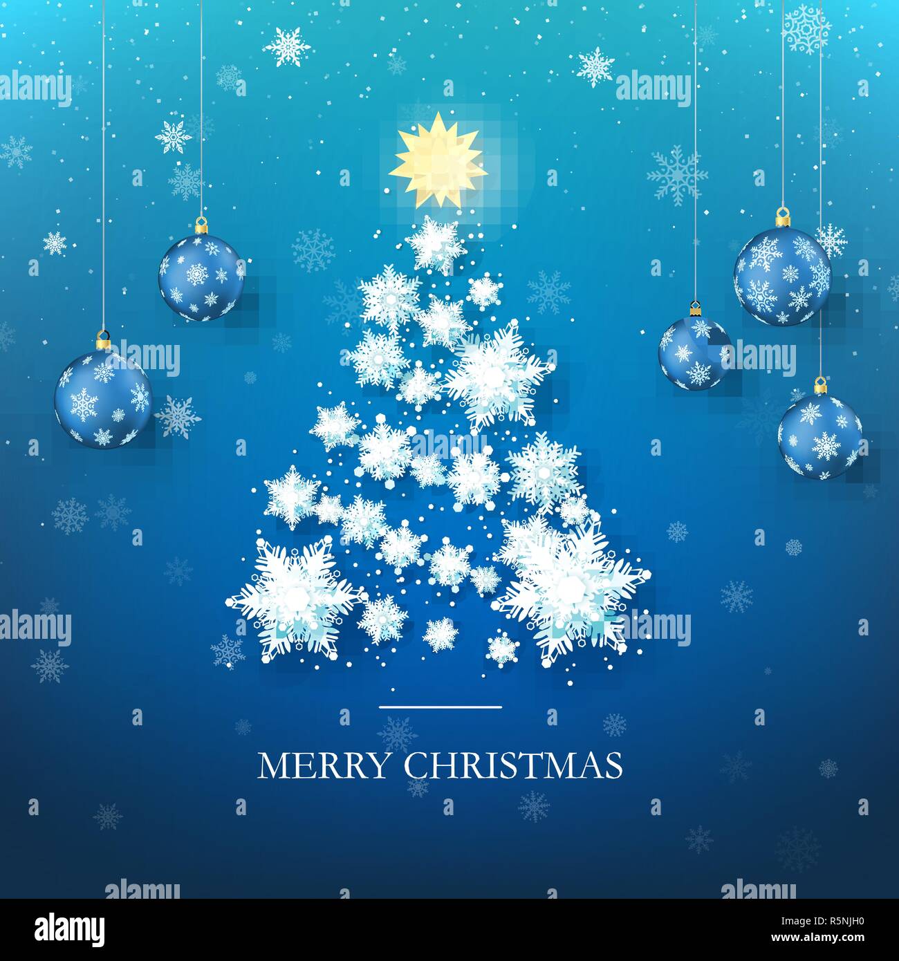Weihnachtsbaum Grußkarte. Neues Jahr Baum Silhouette aus Papier Schneeflocken und blaue Weihnachtskugeln für den Hintergrund. Frohes Neues Jahr und Merry Christm Stock Vektor