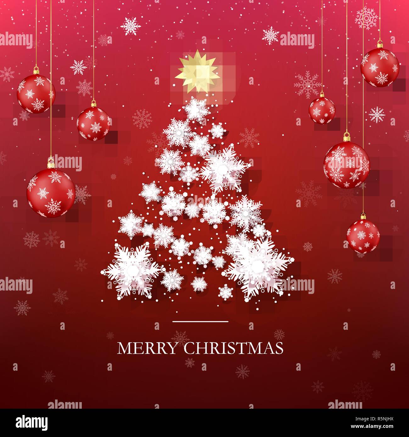 Weihnachtsbaum Grußkarte. Neues Jahr Baum Silhouette aus Papier Schneeflocken und Roten Weihnachtskugeln für den Hintergrund. Abstrakte Feiertag Illustration. Vec Stock Vektor