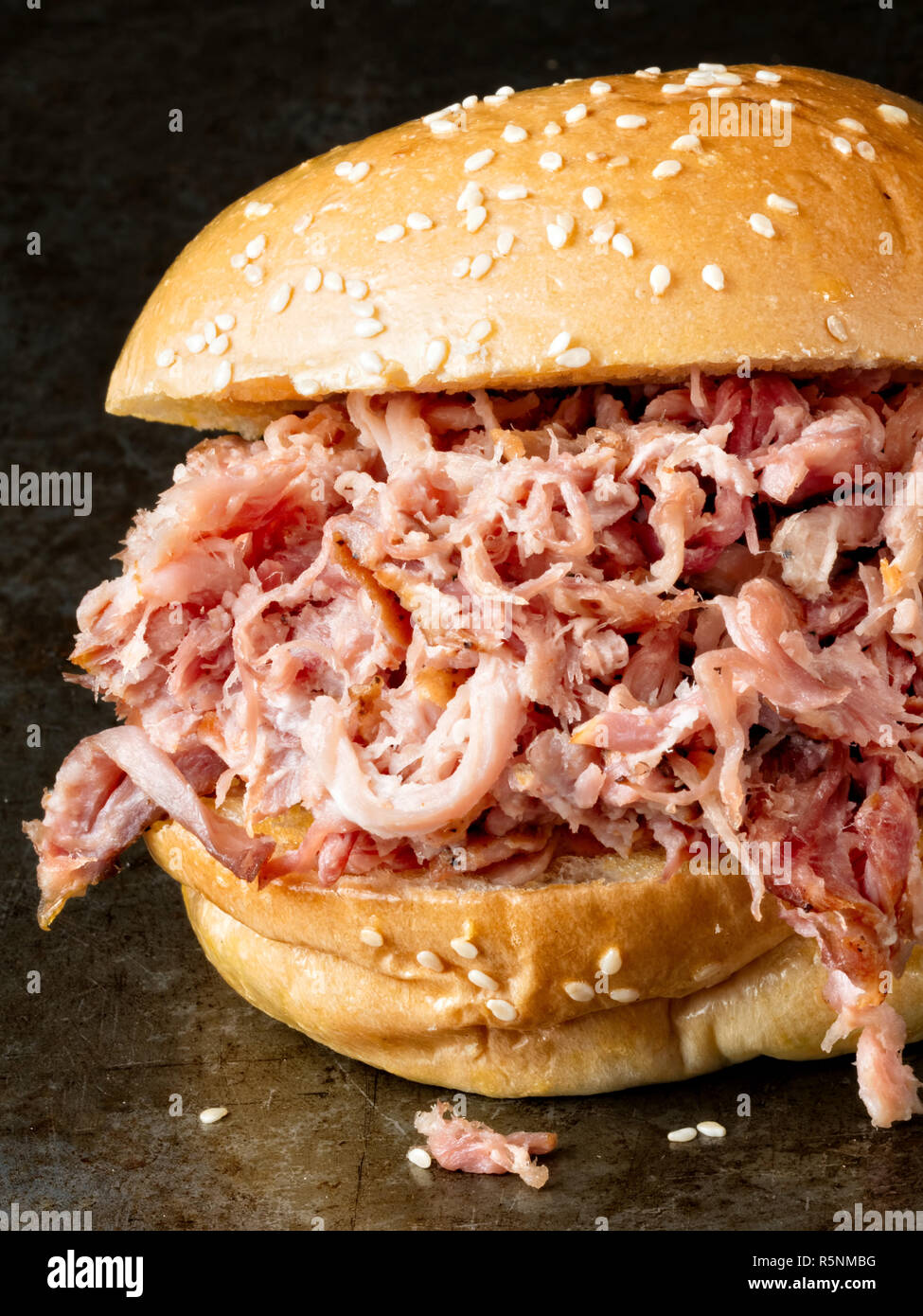 Rustikale amerikanische Grillspezialitäten sandwich Schweinefleisch gezogen Stockfoto
