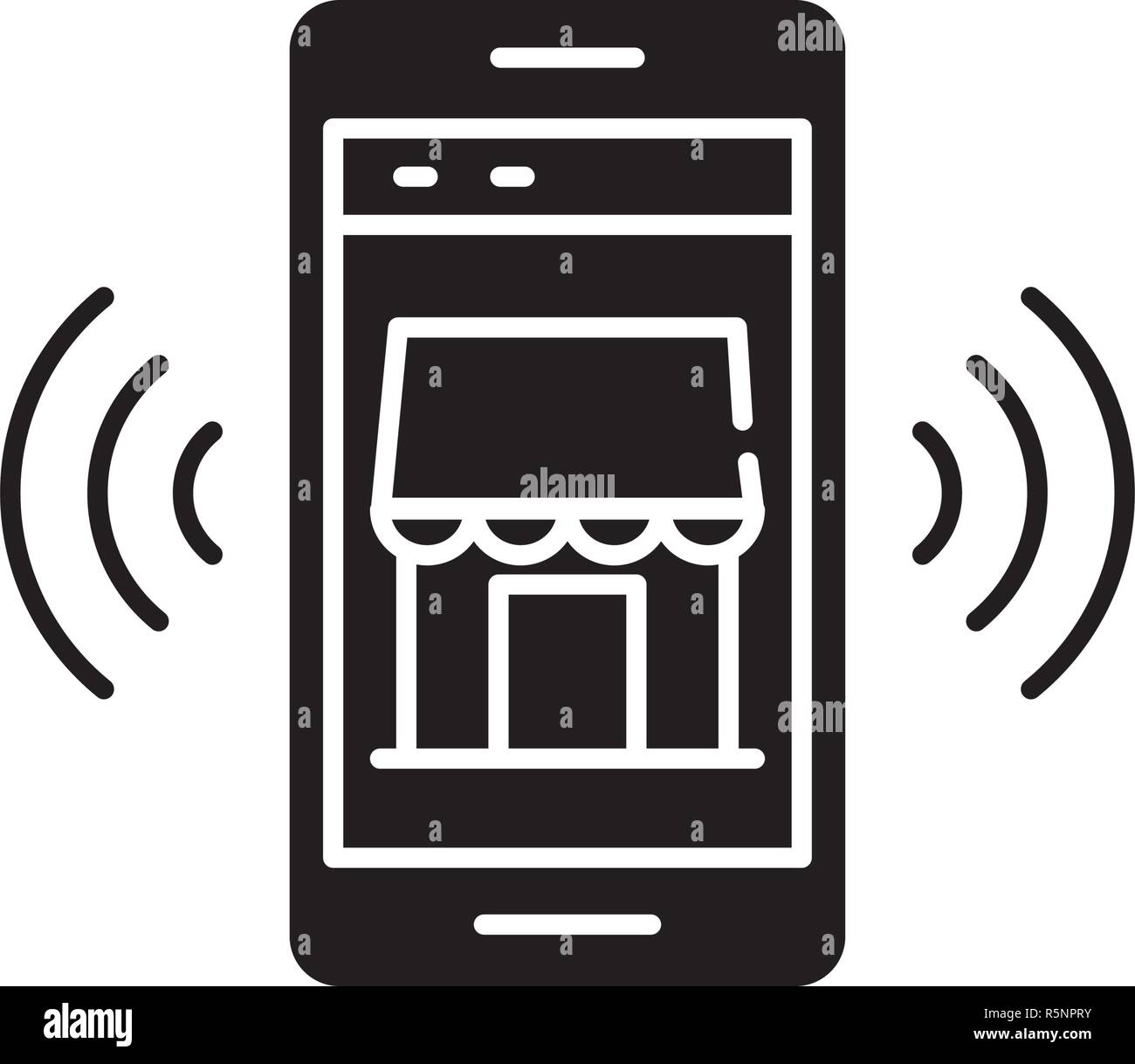 Mobile elektronische Store schwarze Symbol, Vektor Zeichen auf isolierten Hintergrund. Mobile elektronische Store Konzept Symbol, Abbildung Stock Vektor