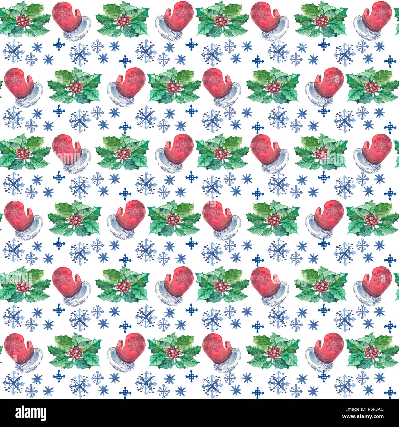 Aquarell Weihnachten nahtlose Muster mit roten Handschuhe, Beeren und Zweige von Holly und Schneeflocken. In gestaffelten bestellen. Stockfoto