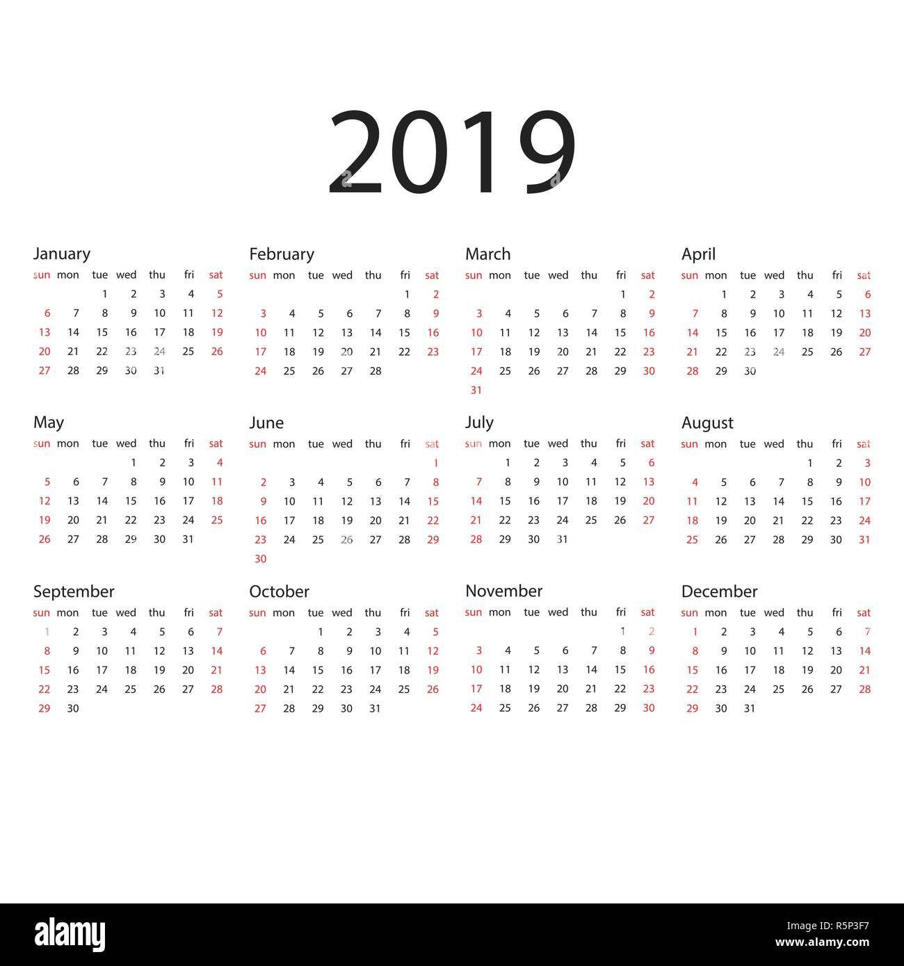 Kalender 2019 Jahr in einem einfachen Stil. Kalender Planer design Vorlage.  Agenda monatliche Vorlage. Business Vector Illustration Stock-Vektorgrafik  - Alamy