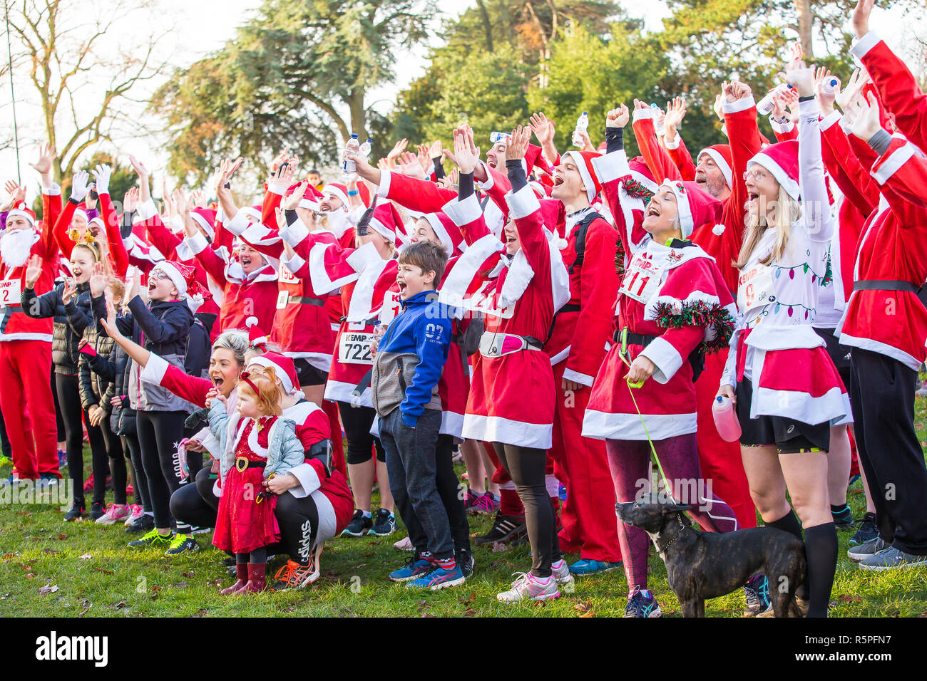 Kidderminster, Großbritannien. 2. Dezember, 2018. Es ist die Zeit des Jahres wieder da Hunderte Weihnachtsmänner laufen zusammen in Kidderminster zur Unterstützung der jährlichen Kemp's Hospice Santa Fun Run sammeln. Ob es sich um die 10k, 5k oder 1k laufen, alle Läufer setzen Ihre Best Foot Forward und höchste Anstrengung Fundraising für das hospiz Appell zu helfen. Quelle: Lee Hudson/Alamy leben Nachrichten Stockfoto