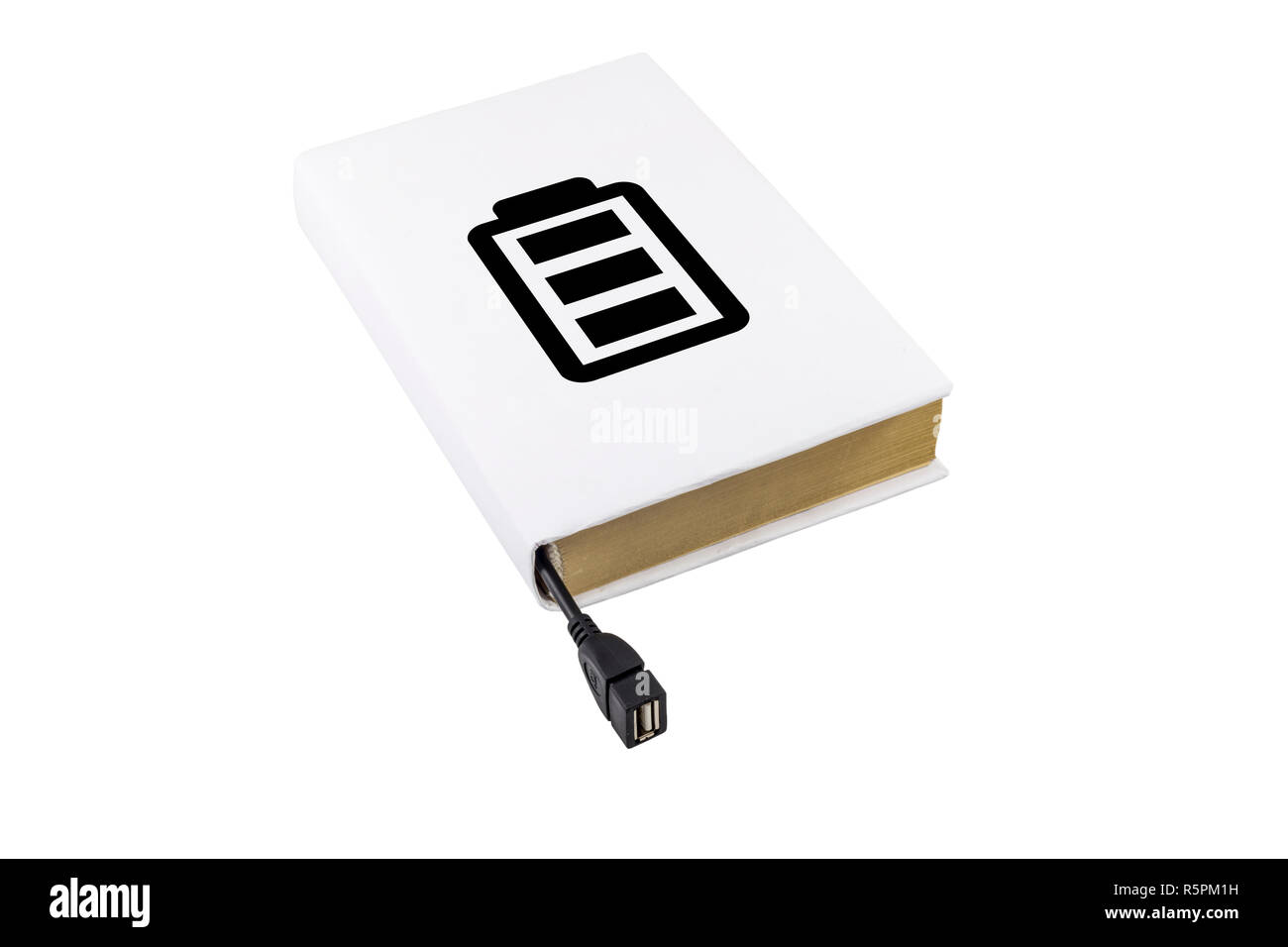 Buch mit Batterie Symbol mit einem USB-Kabel angeschlossen ist Stockfoto