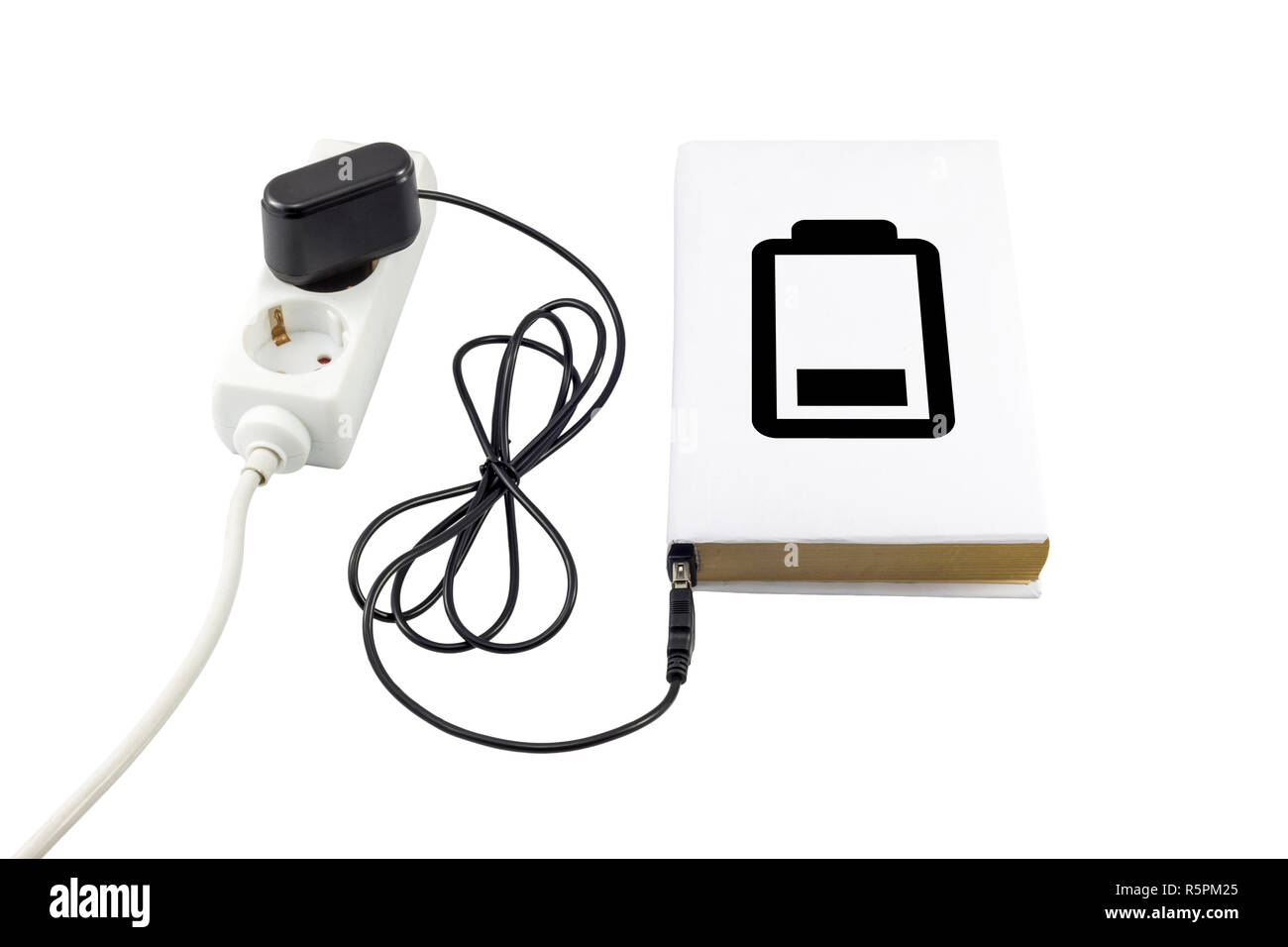 Buchen Sie mit einem USB-Ladegerät angeschlossen ist. Das Batteriesymbol zeigt den Ladezustand. Stockfoto