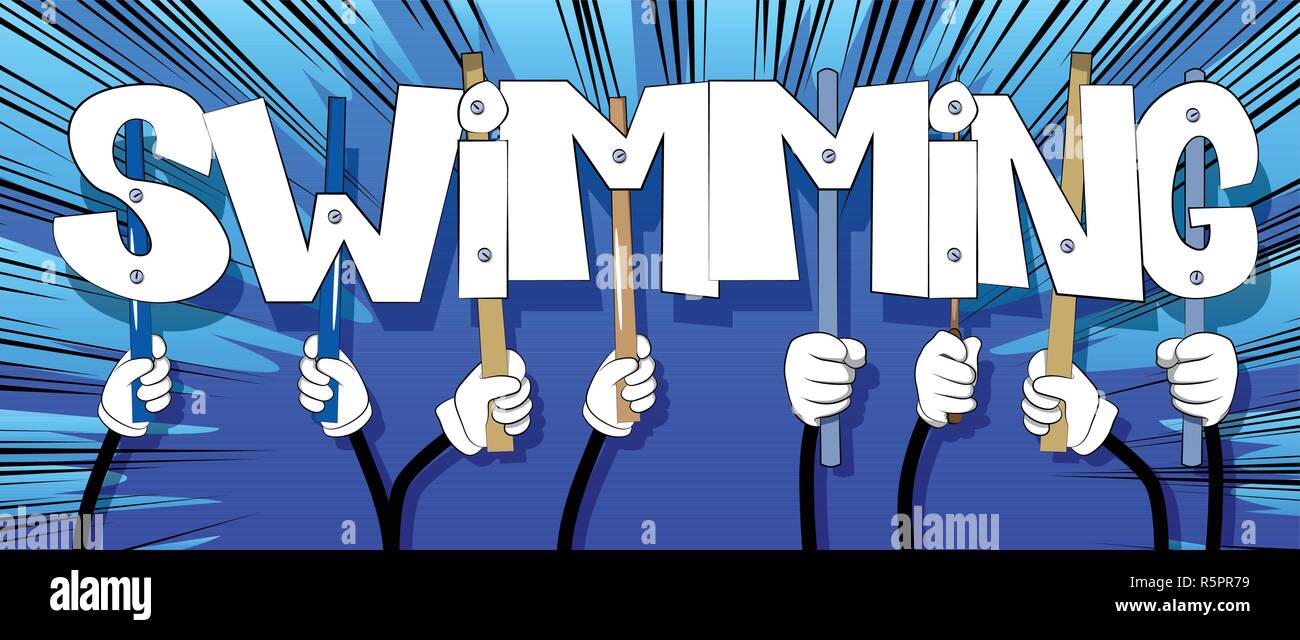 Diverse Hände, die Buchstaben des Alphabets das Wort Schwimmen erstellt. Vector Illustration. Stock Vektor