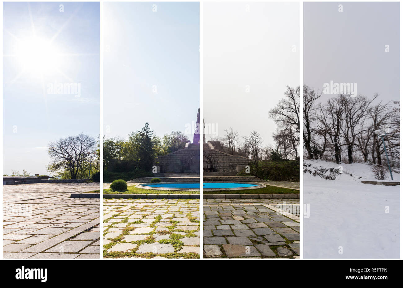 Vier Jahreszeiten Konzept. Die Wirkung der 4 Jahreszeiten auf die städtische Umwelt. Vier Bilder von einem Ort, während eines Jahres erfasst und nahtlos Blended Stockfoto