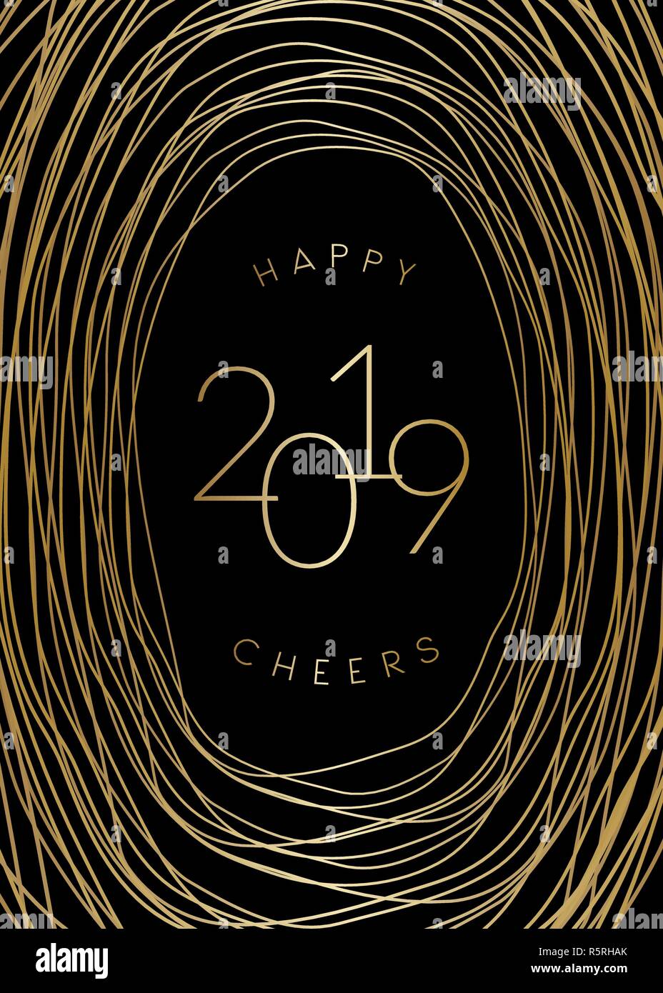 2019 Neues Jahr Grußkartenvorlage mit funkelnden Gold Dekoration und Text Happy 2019 Jubel in Gold auf schwarzem Hintergrund. Elegante festliche Vektor fliegen Stock Vektor