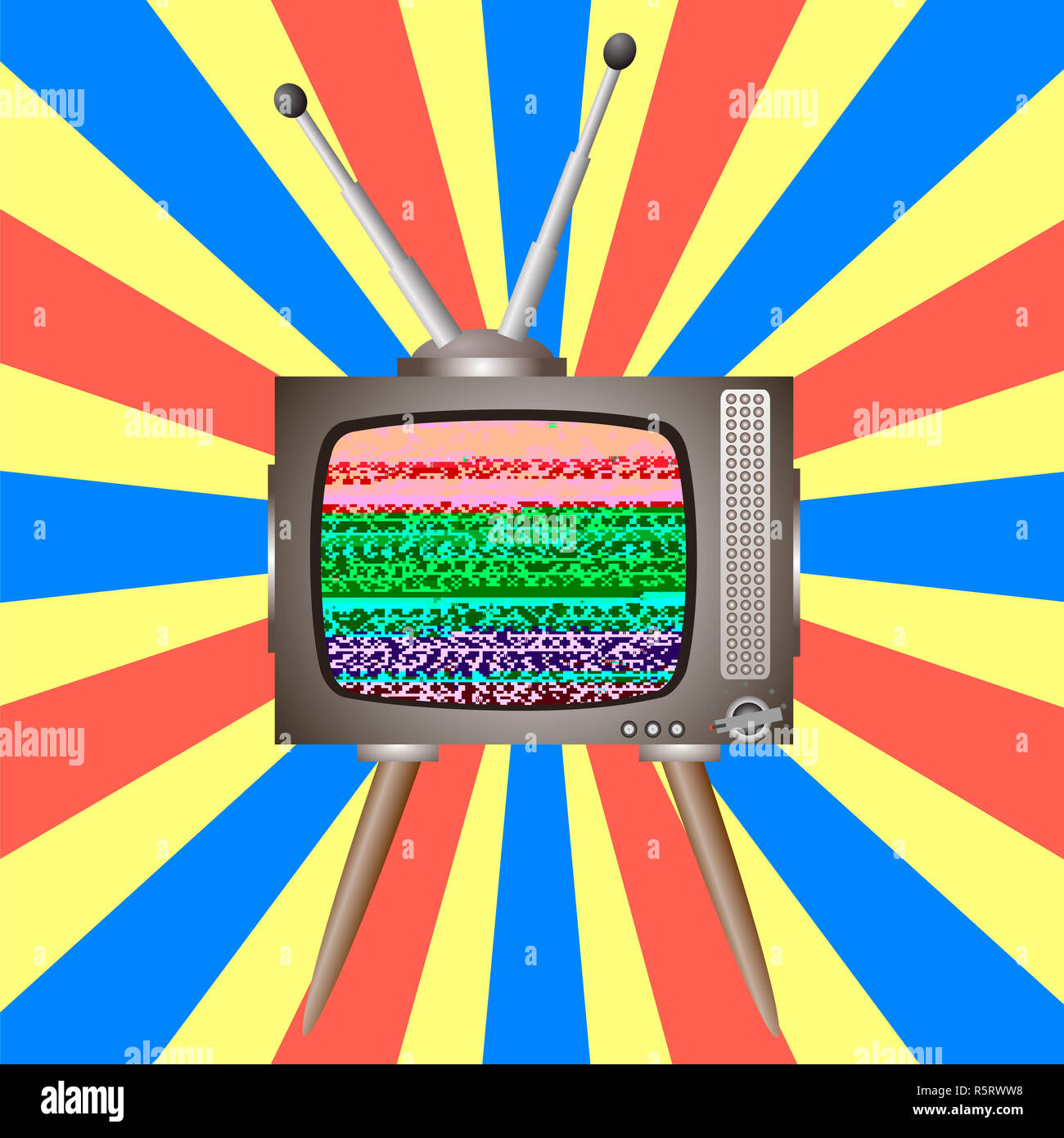 Alte kaputte Fernseher. Glitch auf Retro TV-Bildschirm Stockfoto