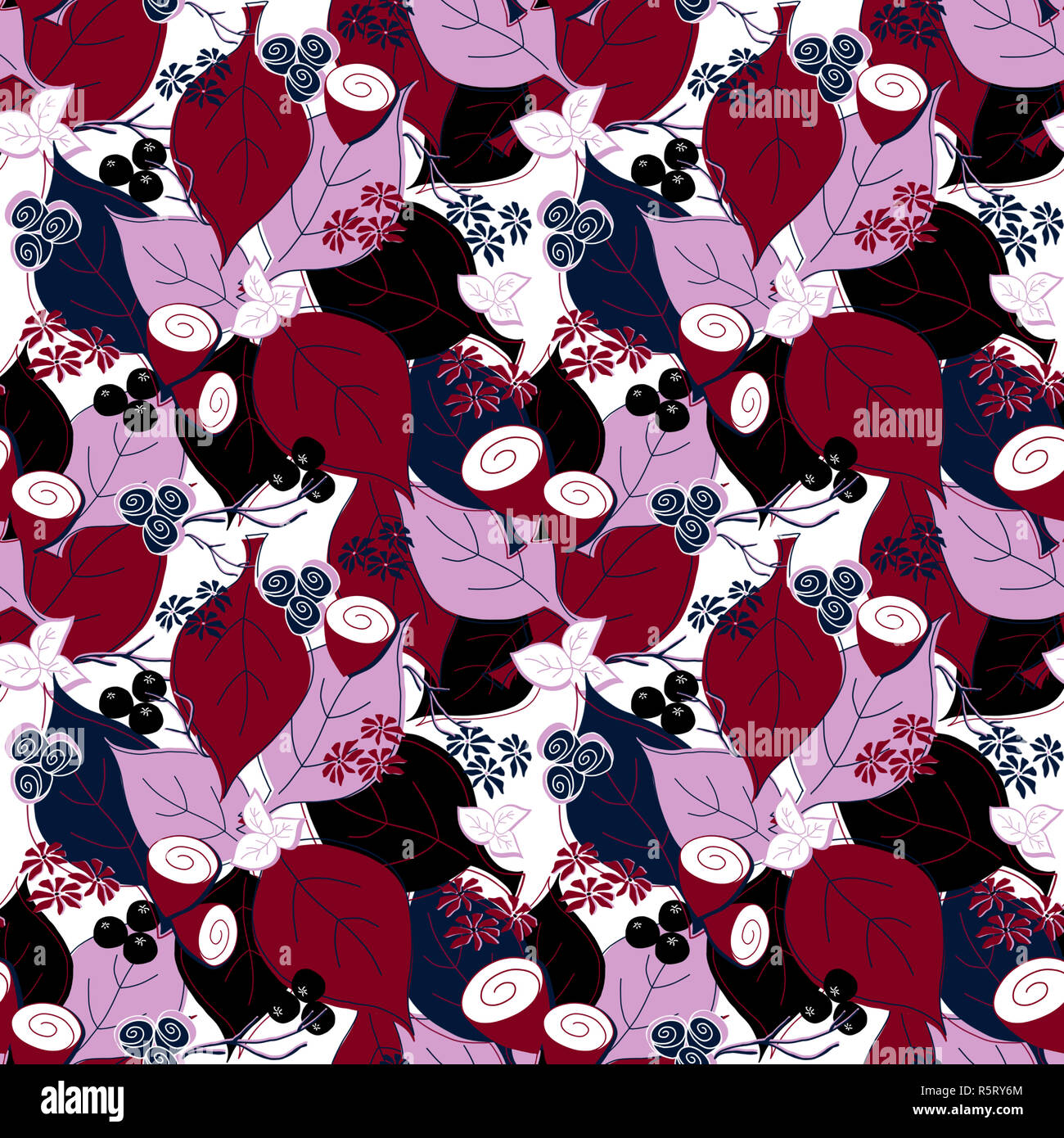 Beeren Blätter und Blüten violett weiss schwarz blau nahtlose Muster. Stockfoto