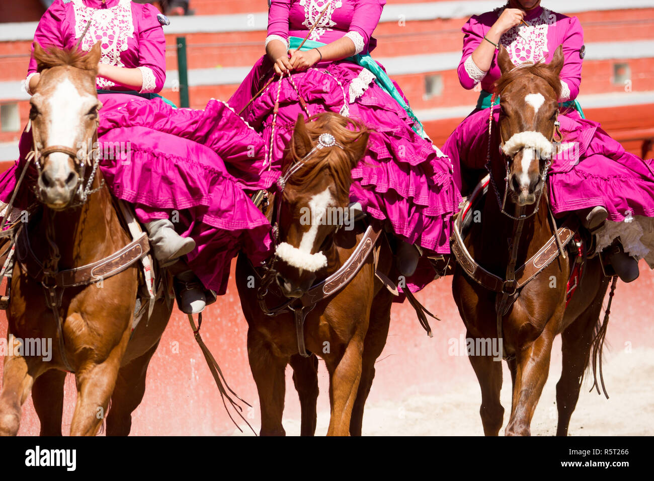 Drei mexikanische Frauen Reiten tragen rosa mexikanischen Kleid Stockfoto