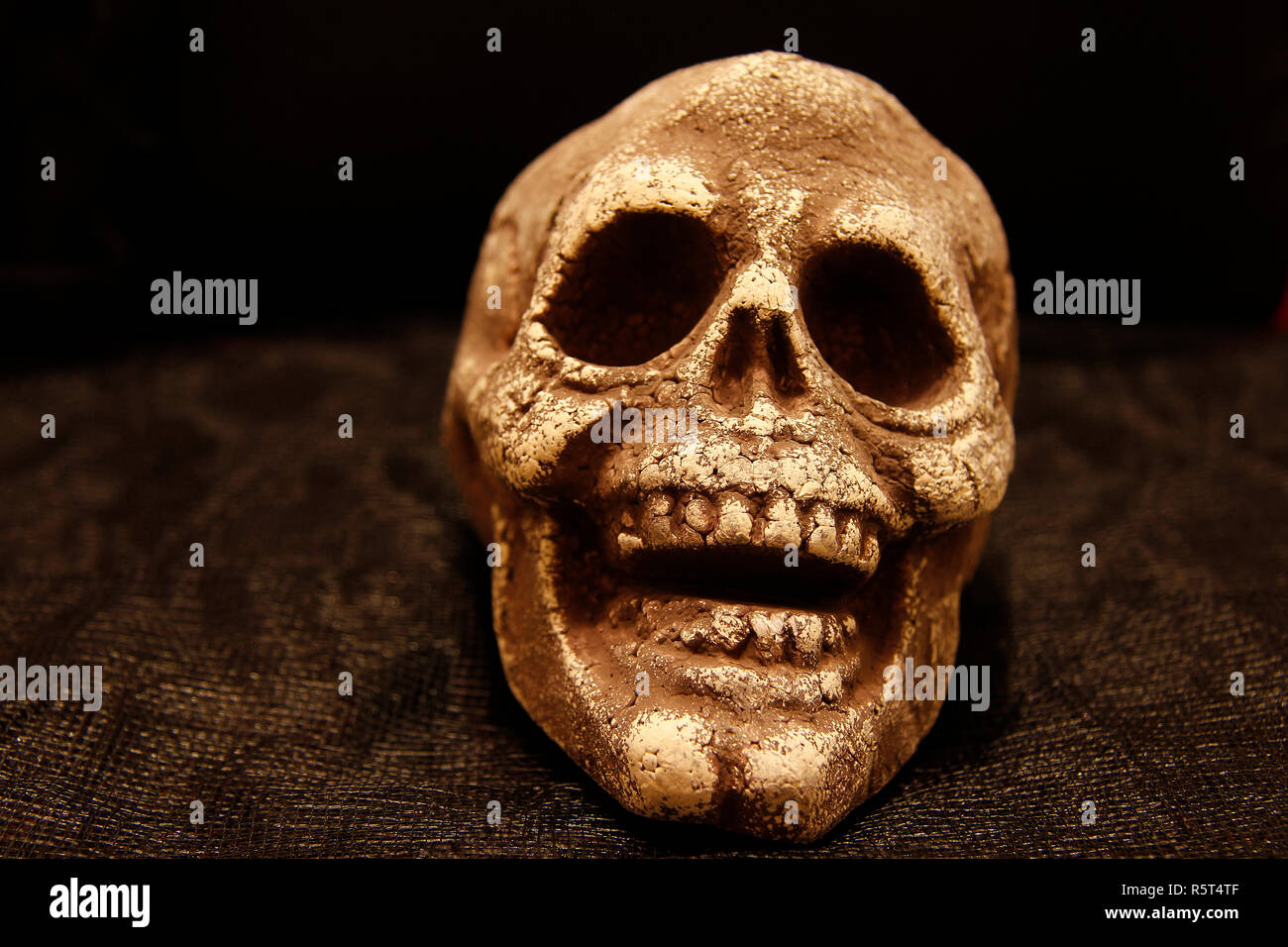 Kunststoff menschlicher Schädel mit dunklen Augenhöhlen für Halloween Stockfoto