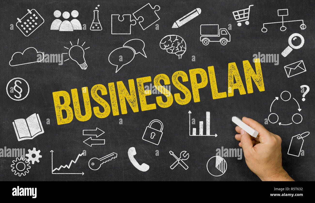 Tafel mit Symbolen und Text - business plan Stockfoto