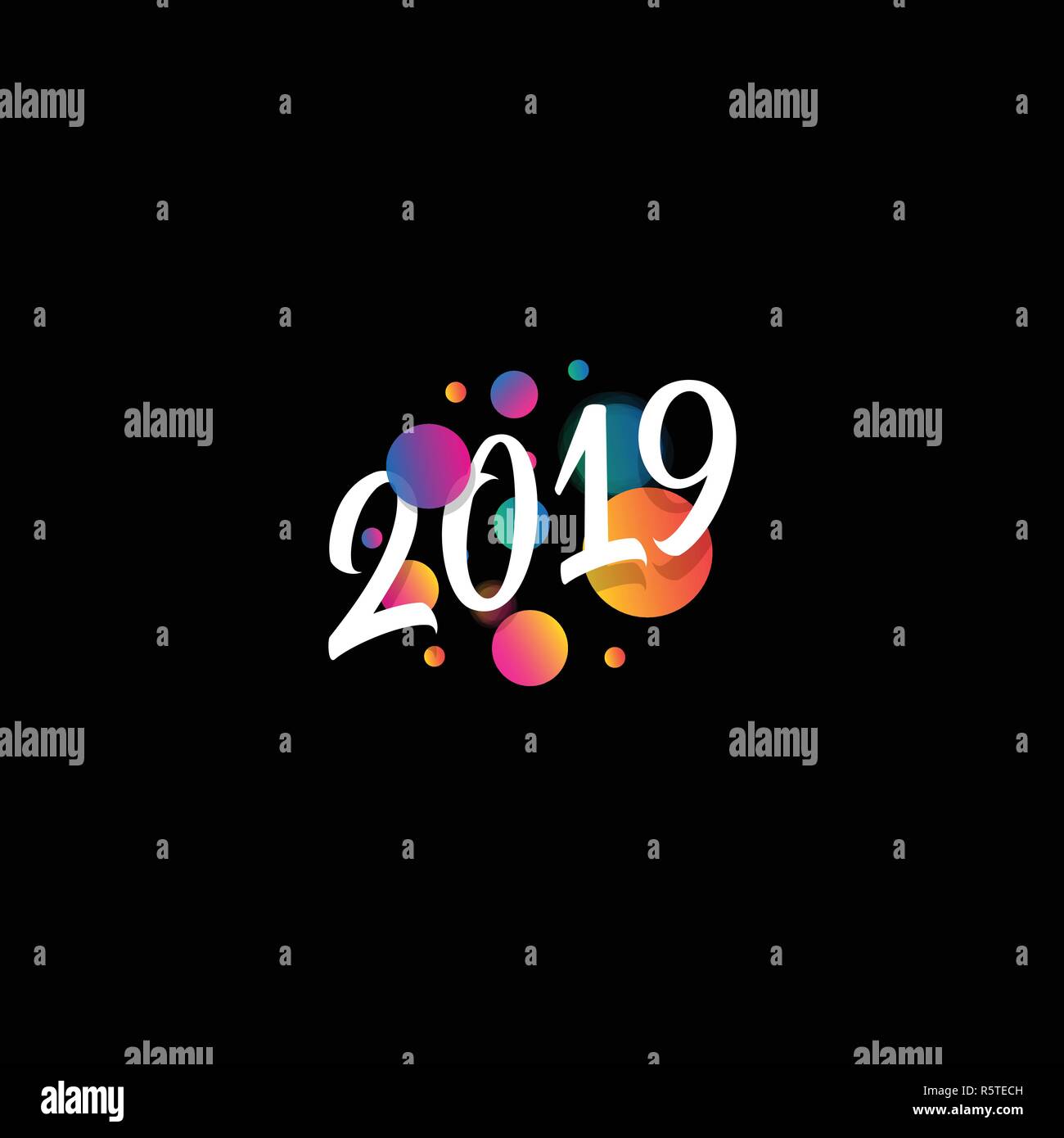 2019 Frohes Neues Jahr vector Banner. Bunte fallende Kreise. Grußkarte. Web Banner mit weißer Text auf schwarzem Hintergrund. Vector Illustration. Stock Vektor