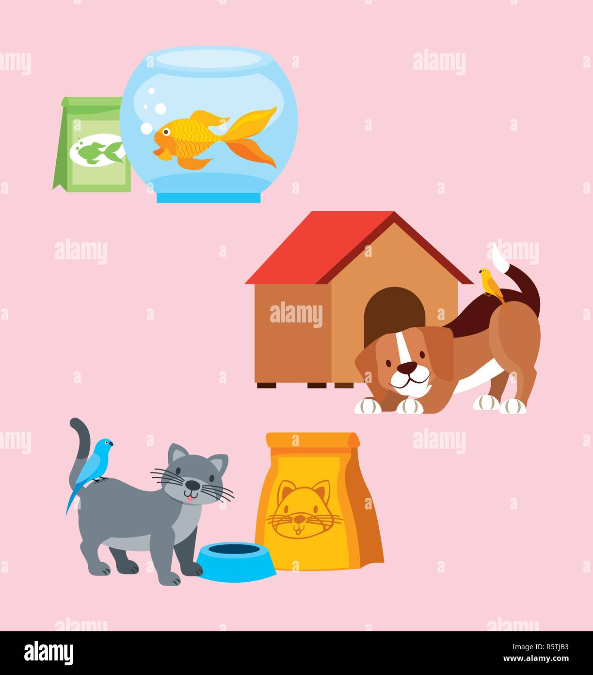 Pet Shop Hund Katze Vogel Goldfisch Essen Haus Vector