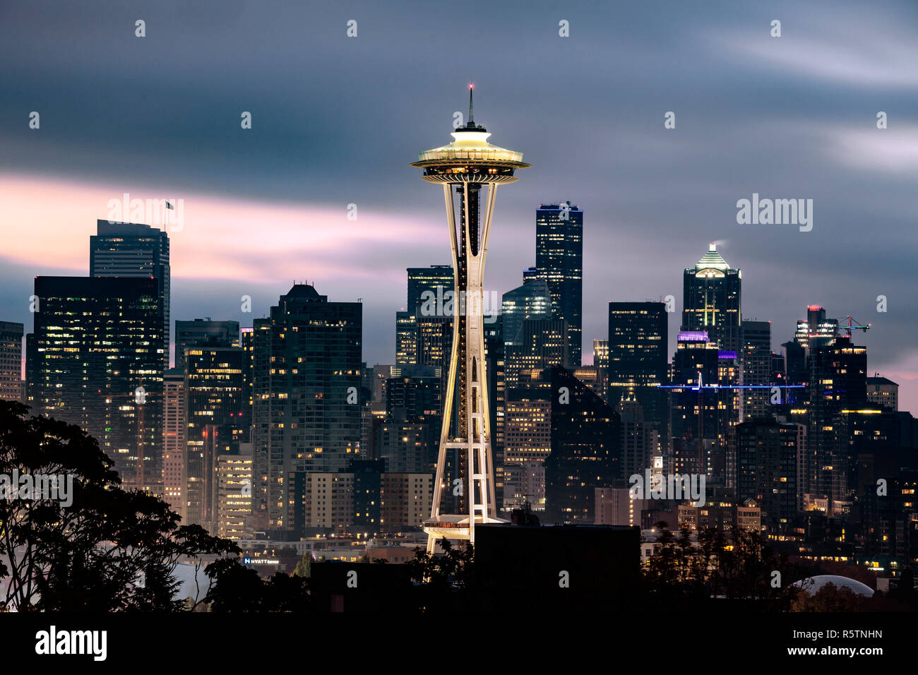 WA 17025-00 ... WASHINGTON - die Space Needle und die Gebäude von Seattle gesehen vom Kerry Park auf Queen Ann Hill. Stockfoto
