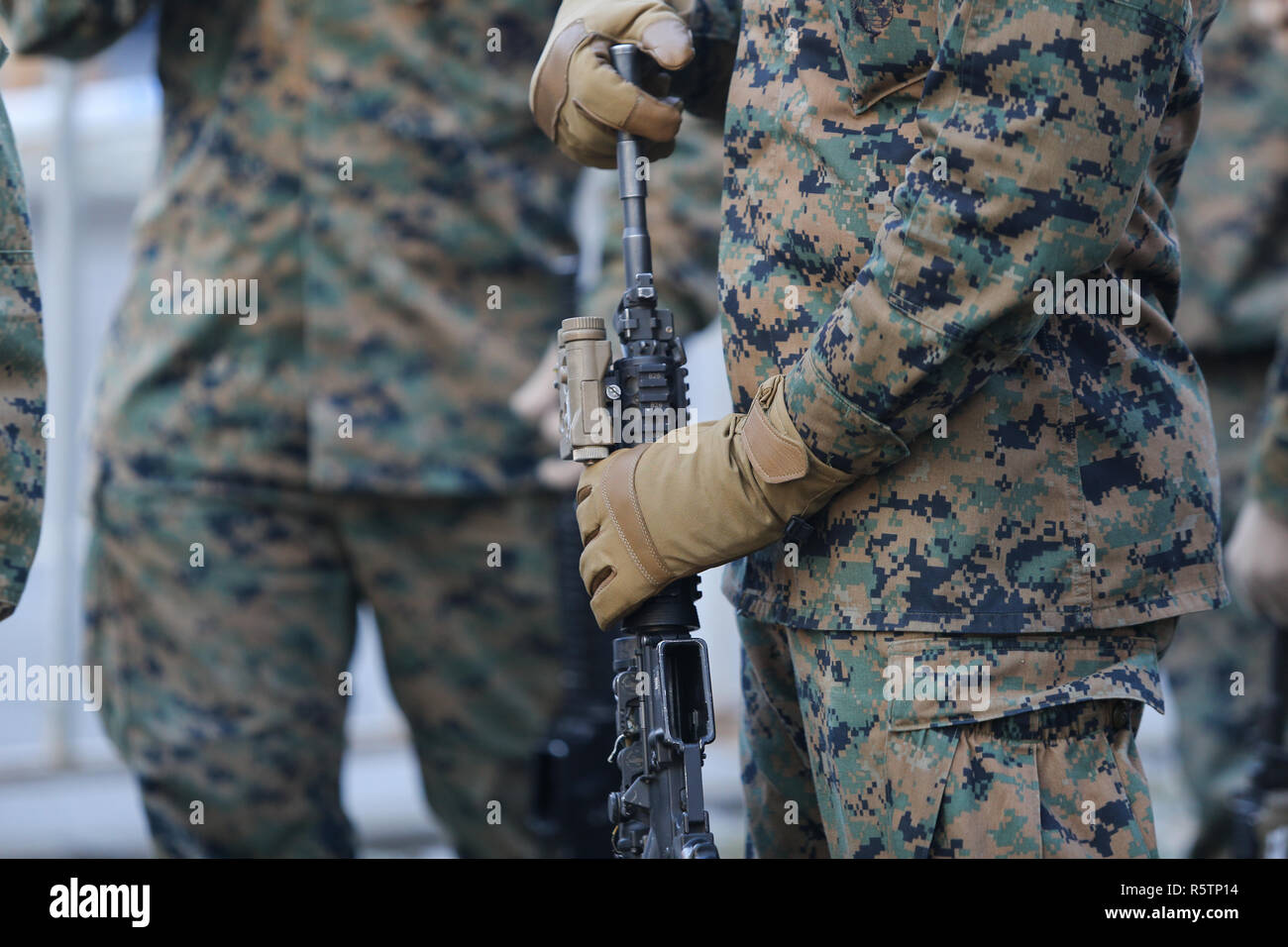 BUCHAREST, ROMANIA - December 1, 2018: US marines take part at the Romania’s National Day military parade, in Bucharest. Stockfoto