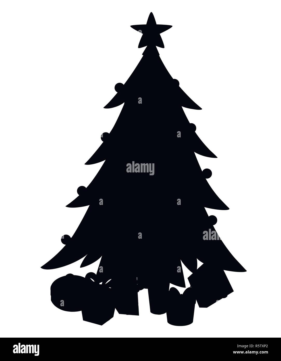 Schwarze Silhouette. Geschmückten Weihnachtsbaum mit Geschenkboxen, Sterne, Lichter, Dekoration Kugeln. Frohe Weihnachten und guten Rutsch ins neue Jahr. Flache Vektor illustrati Stock Vektor