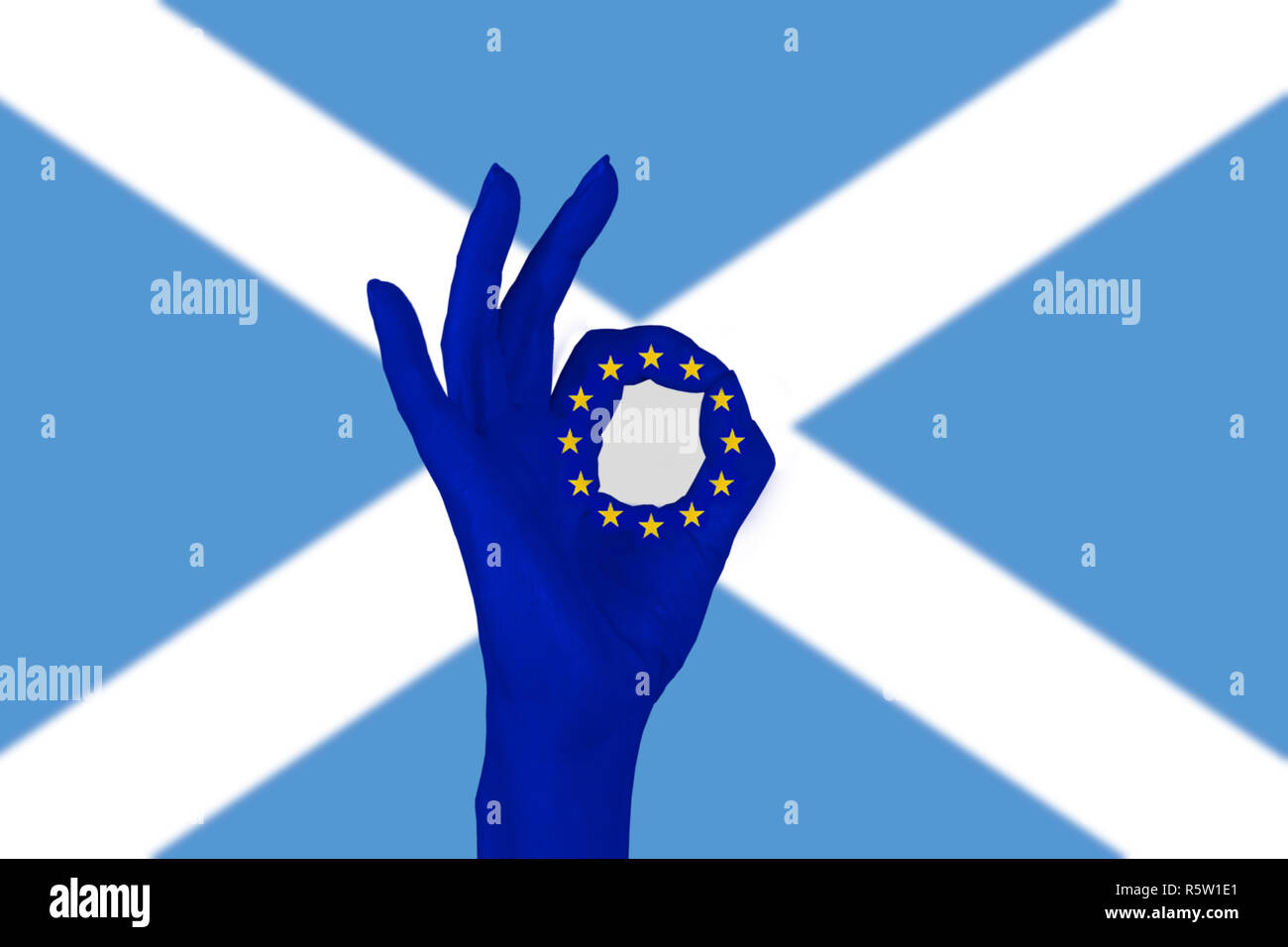 Ein erhobenen Hand macht das OK-Zeichen. Zwischen Daumen und Zeigefinger sehen wir das Symbol der Europäischen Union. Die schottische Flagge im Hintergrund. Stockfoto